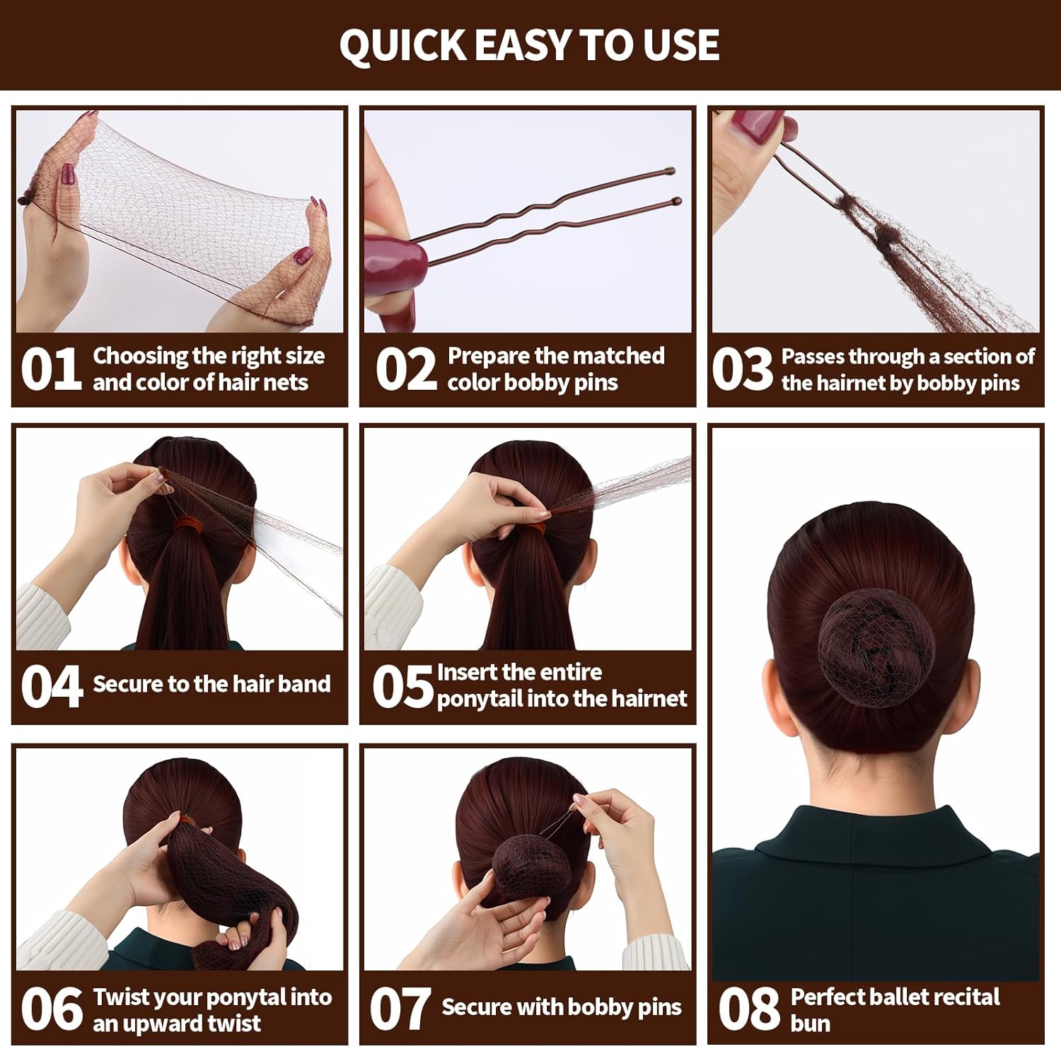 Thumbnail 5 de Teenitor Hair Accessories Hair Net Set for Ballet Bun | 40 Brown Hair Nets + 80 Bobby Pins, 3 Sizes