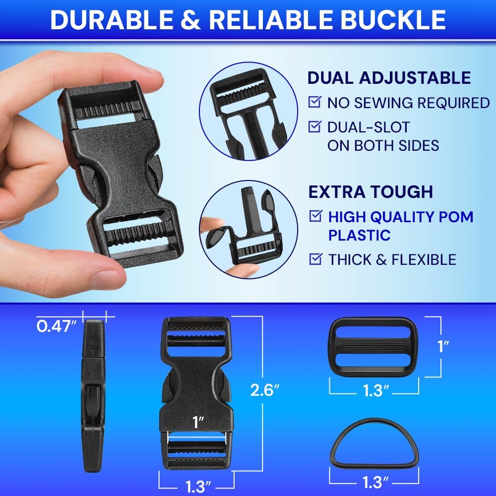 Detalle 2 de TECEUM Buckles & Strap Kit – 1" Black Nylon Webbing (6 yd) with 6 Buckles, 12 Tri-Glide Sliders, and 6 D-Rings