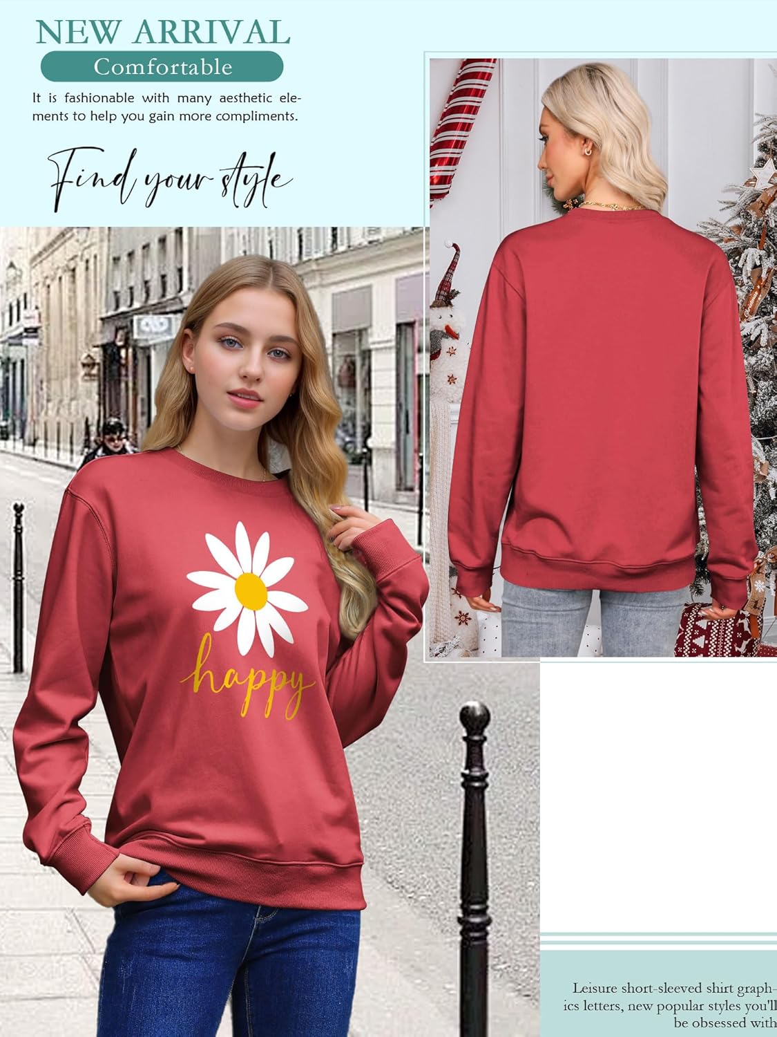 Thumbnail 2 de Yihelian Damen Sweatshirt mit Gänseblümchen Muster – Oversize Baumwollpullover für Alltag und Freizeit