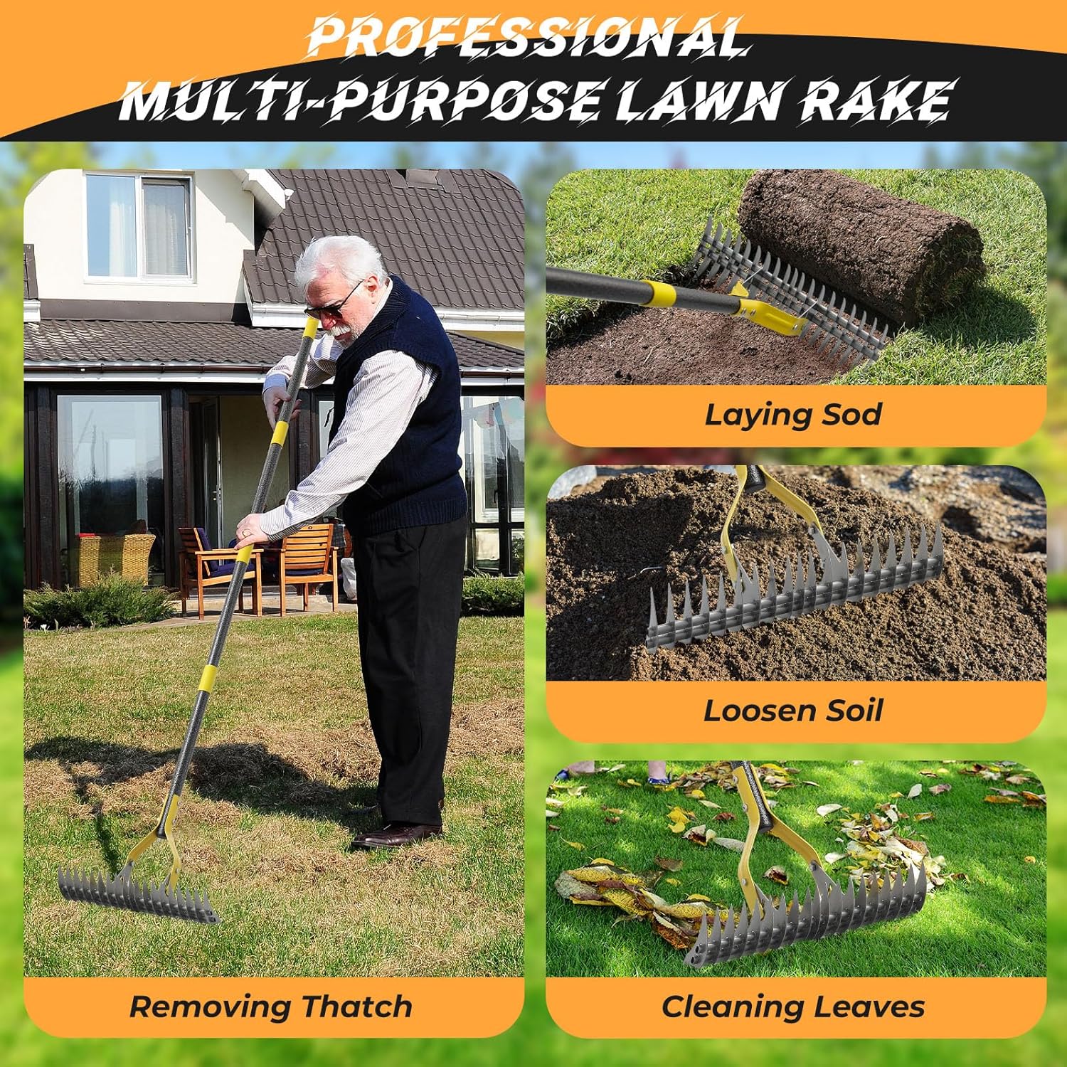 Thumbnail 5 de Thatch Rake 177 cm Heavy Duty Dethatcher Rake with Adjustable Length & Angle (19 Teeth, Double-Teeth Design)