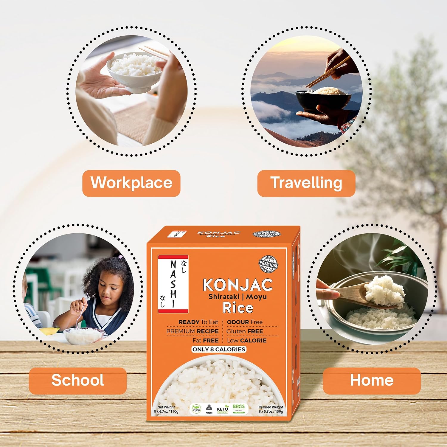 Detalle de Nashi Shirataki Konjac Moyu Rice, Ready-to-Eat Vegan 8-Pack