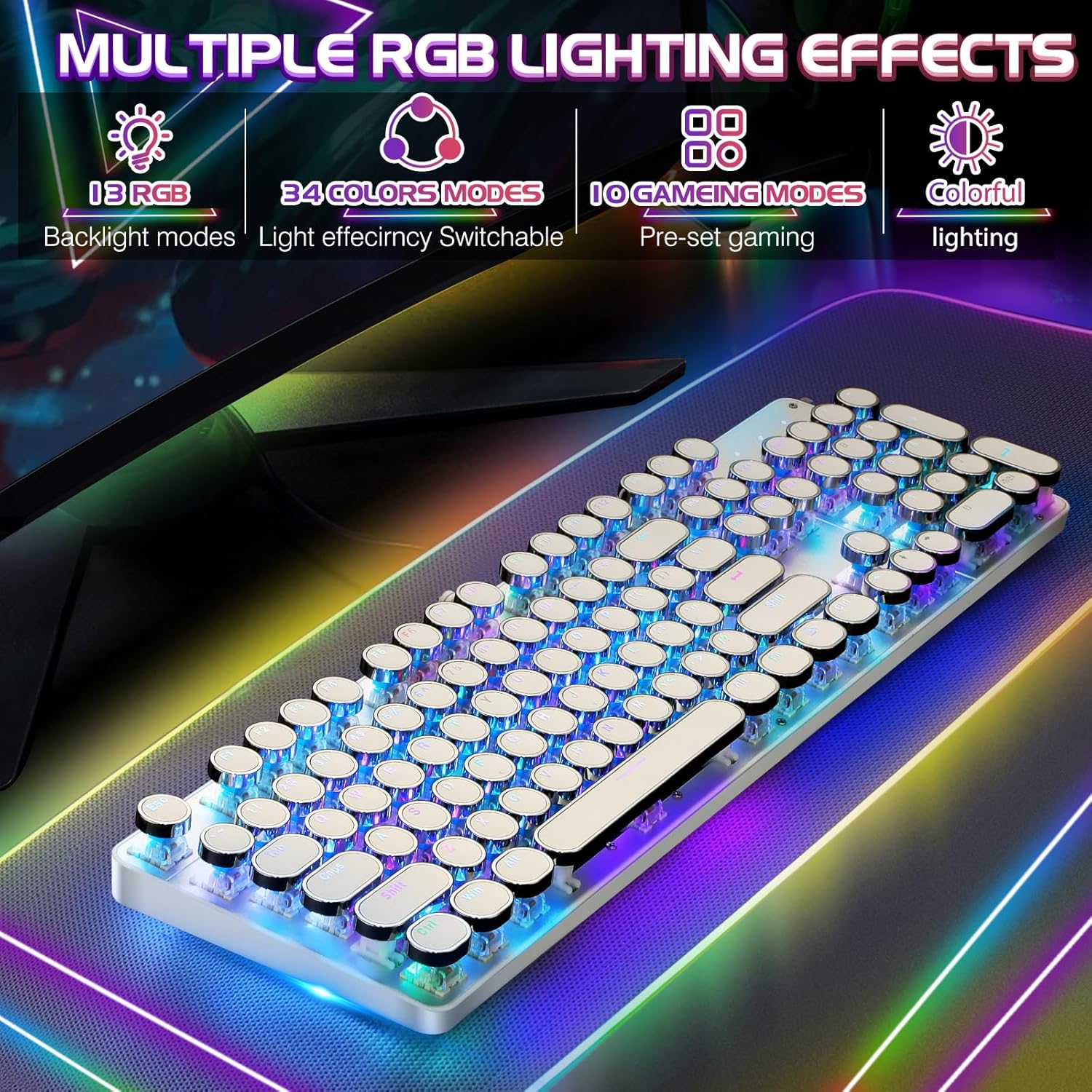 Detalle de YSCP Typewriter Style Mechanical Gaming Keyboard RGB Backlit with Blue Switches, 104 Keys, Wired (R-White)