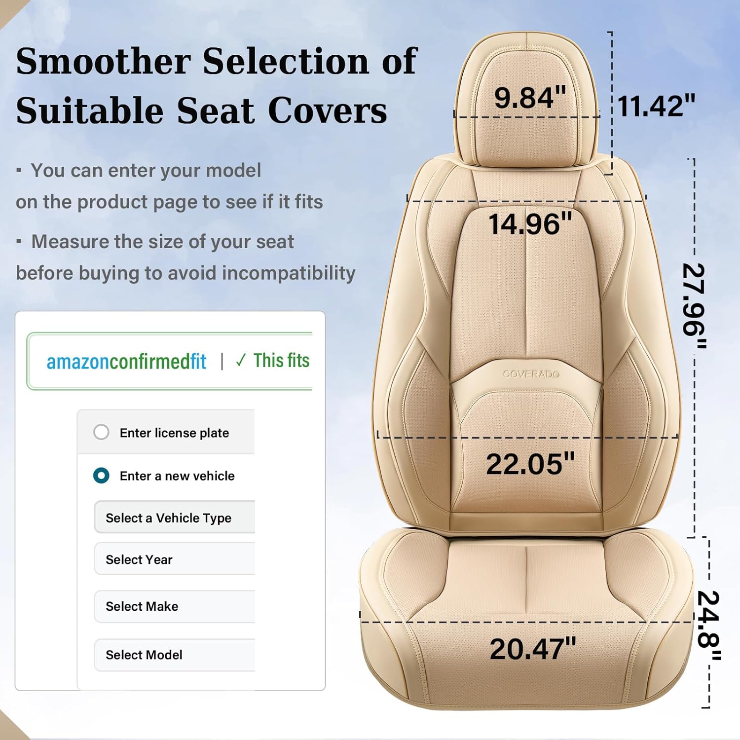 Thumbnail 5 de Coverado Car Seat Covers Full Set (Premium Faux Nappa Leather) – Waterproof Universal Fit with Lumbar Support, Beige