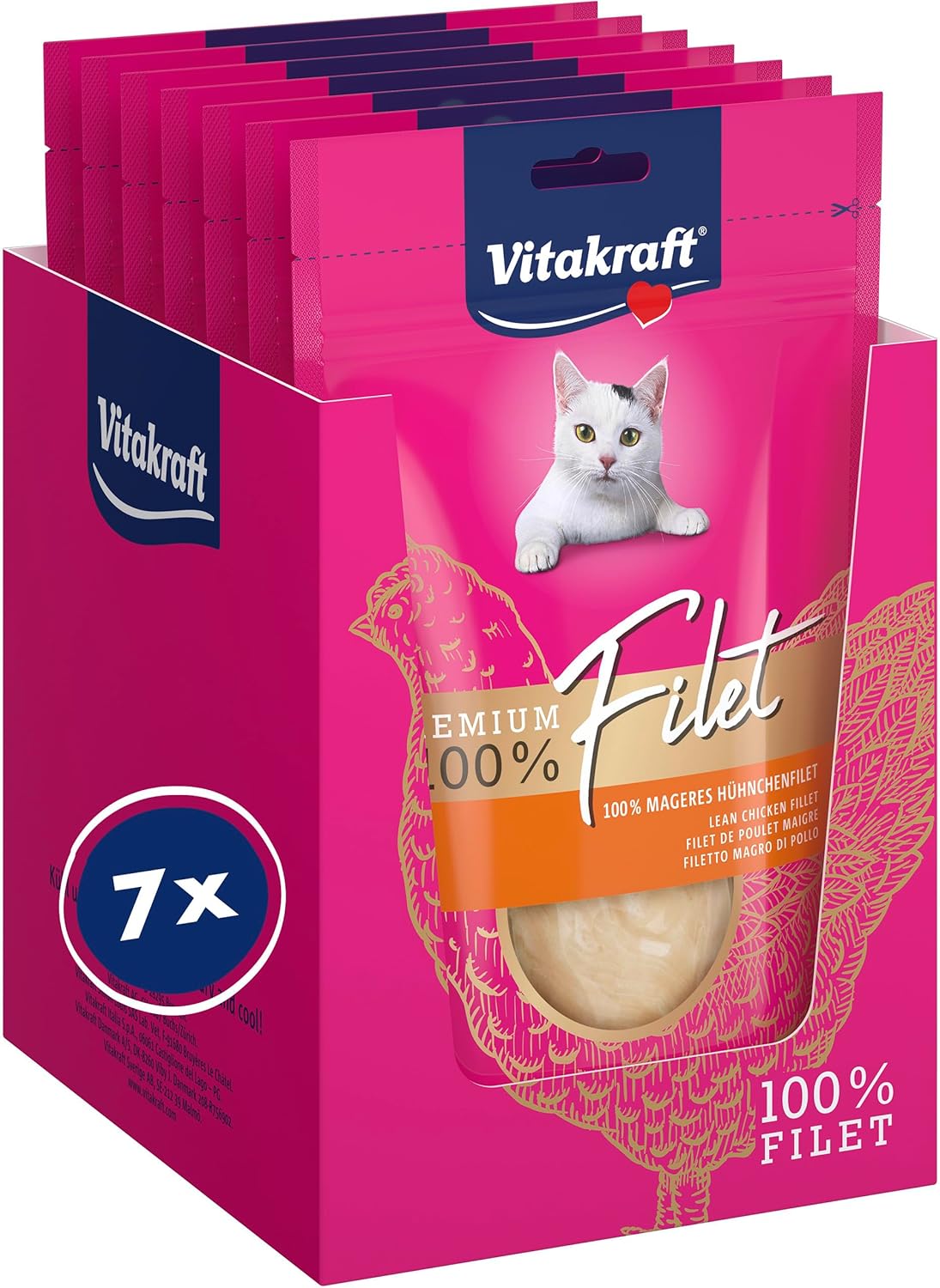 Vitakraft Premium Katzen Leckerli: mageres Hühnchenfilet, hypoallergen, getreidefrei, 7x70g