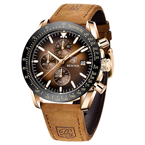 Detalle de BENYAR BY-5140 Men's Analogue Quartz Chronograph Watch with Brown Leather Strap