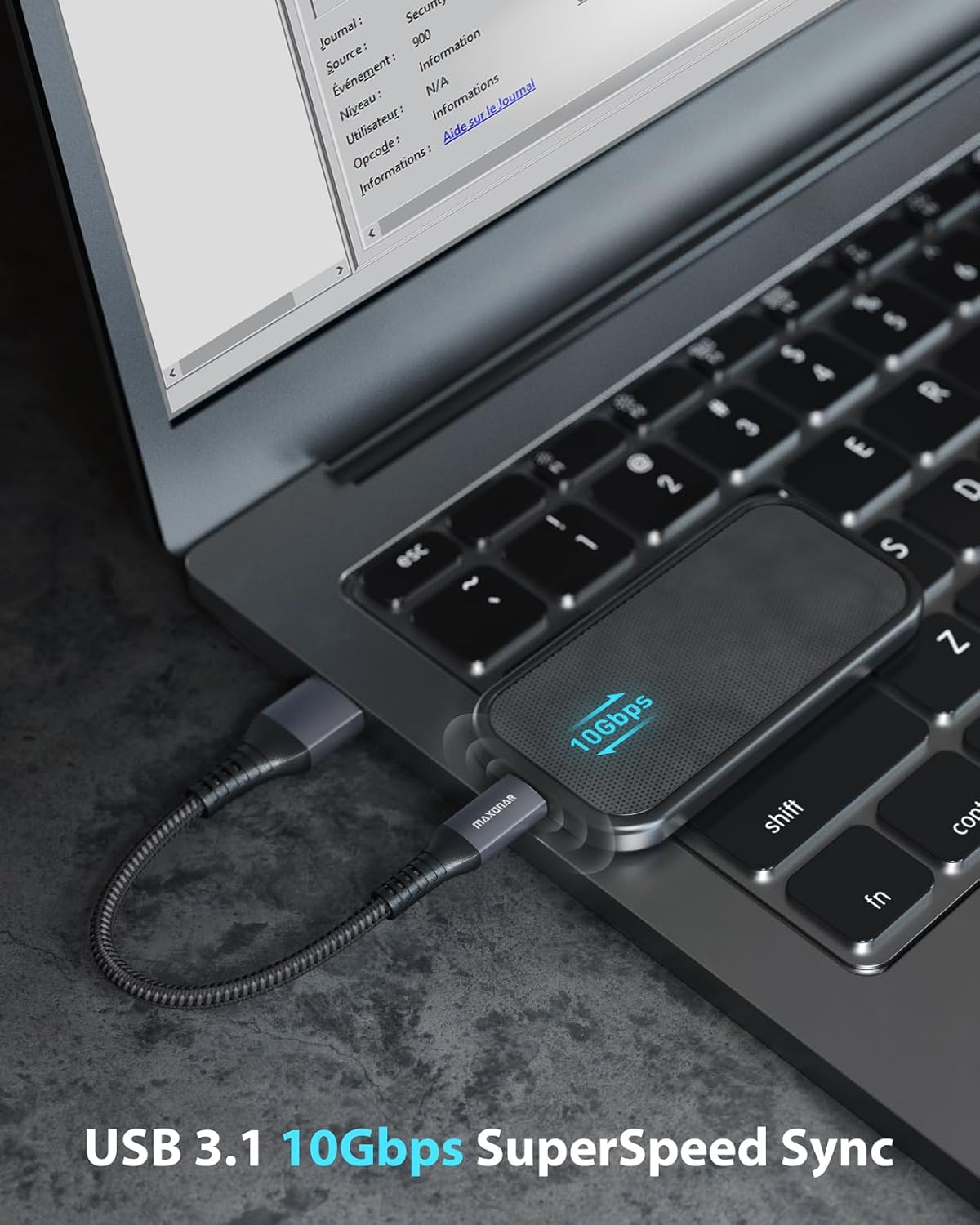 Thumbnail 1 de Maxonar USB-C Short Cable 20cm – 10Gbps Data, QC3.0 Fast Charging (USB‑A to USB‑C)