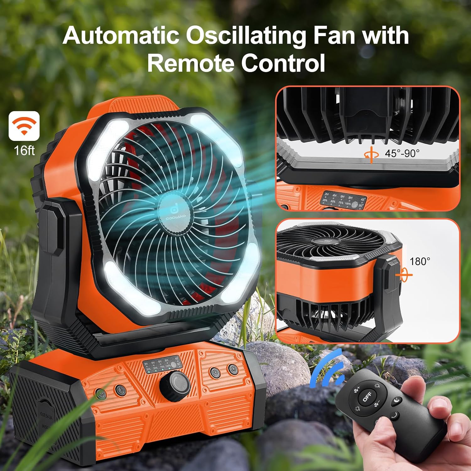 Detalle de Odoland 40000mAh Camping Fan with LED Light — Battery-Operated Oscillating Desk Fan with Remote, Hook, and Tent Light