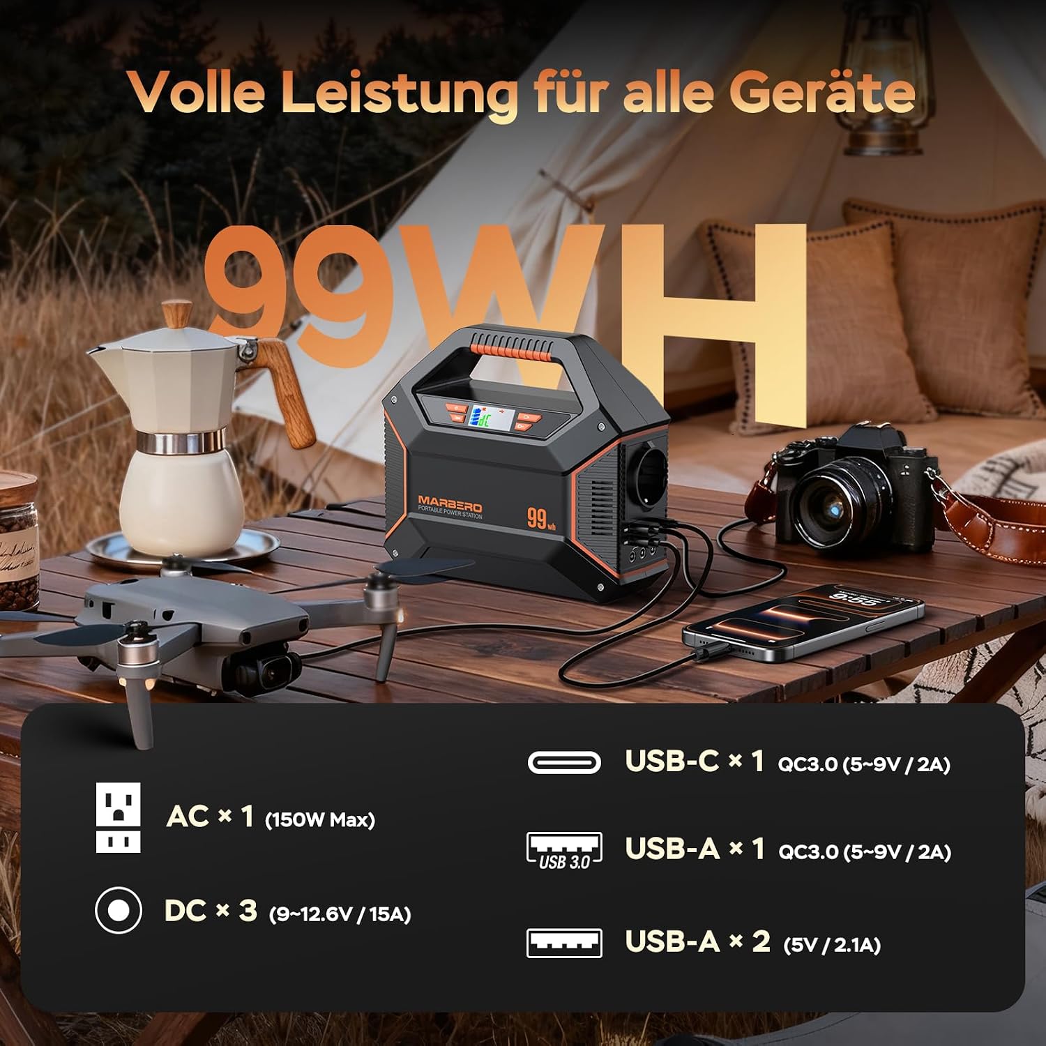 Detalle 2 de MARBERO Tragbare Powerstation mit 230V Steckdose (99 Wh / 27.000 mAh), 150W AC, USB & DC sowie LED-SOS-Notlicht