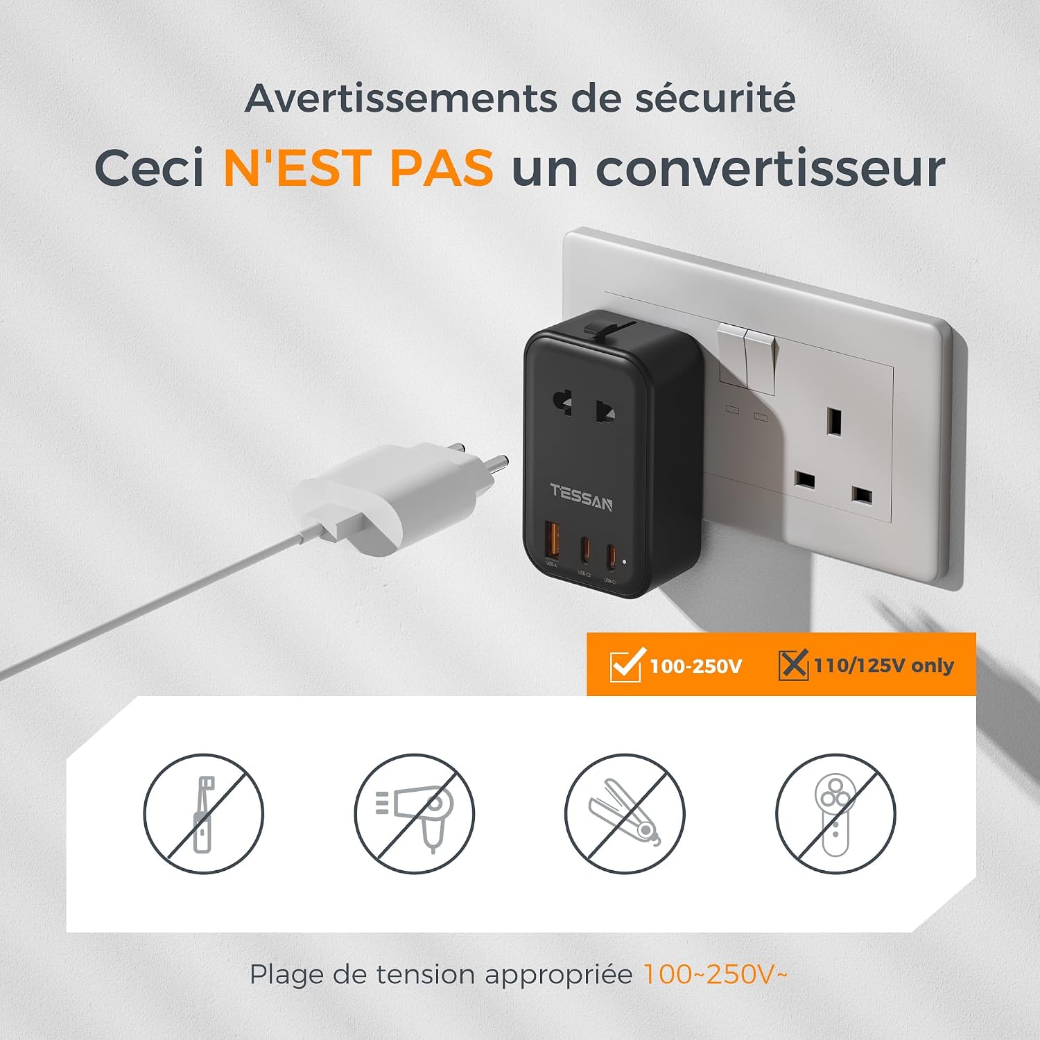 Detalle de TESSAN Adaptateur Prise Universelle PD 20W — Voyage 4-en-1 avec 2 USB-C et 1 USB-A