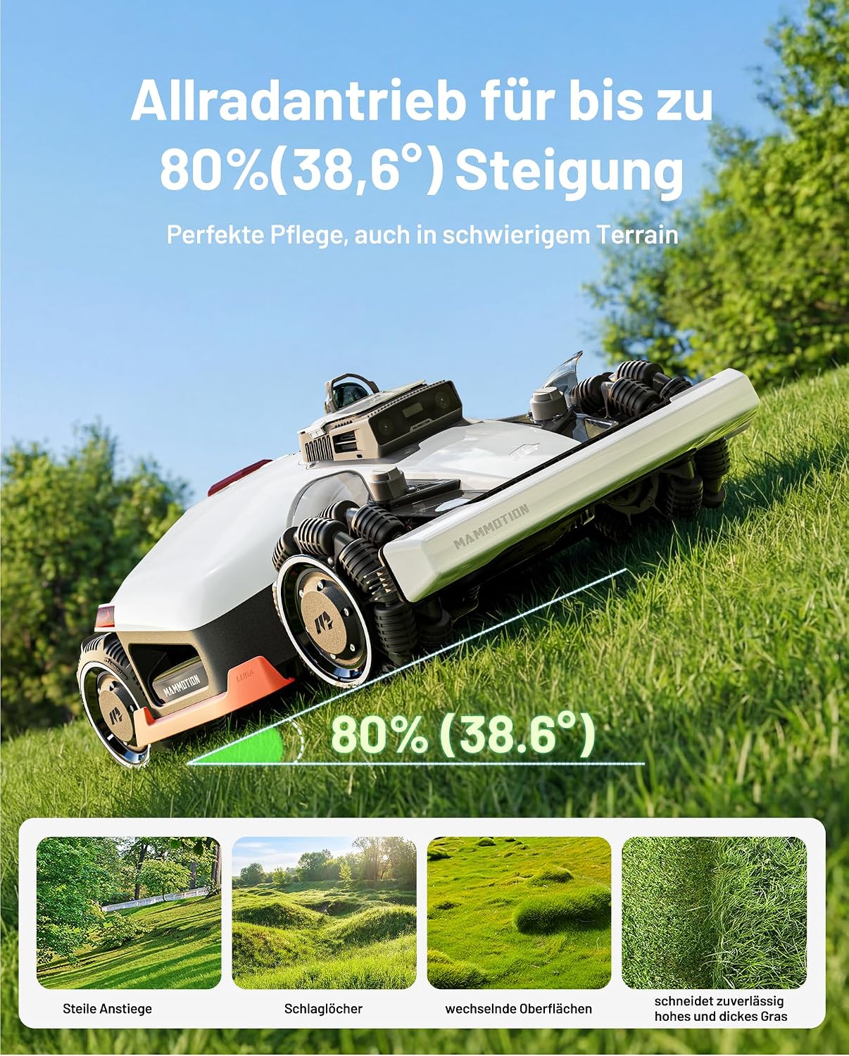Detalle de MAMMOTION LUBA 3 AWD 1500 Mähroboter mit 360° LiDAR, KI und Mähwerk-Waschstand (AWD bis 80% Steigung)