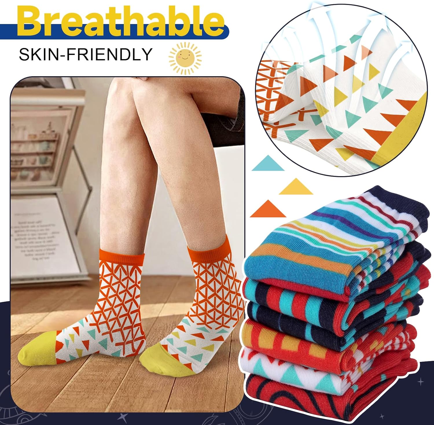 Thumbnail 2 de Queenshin Kids Socks: Novelty Camouflage Sharks in Colourful Stripes, Dots & Stars (6 Pairs)