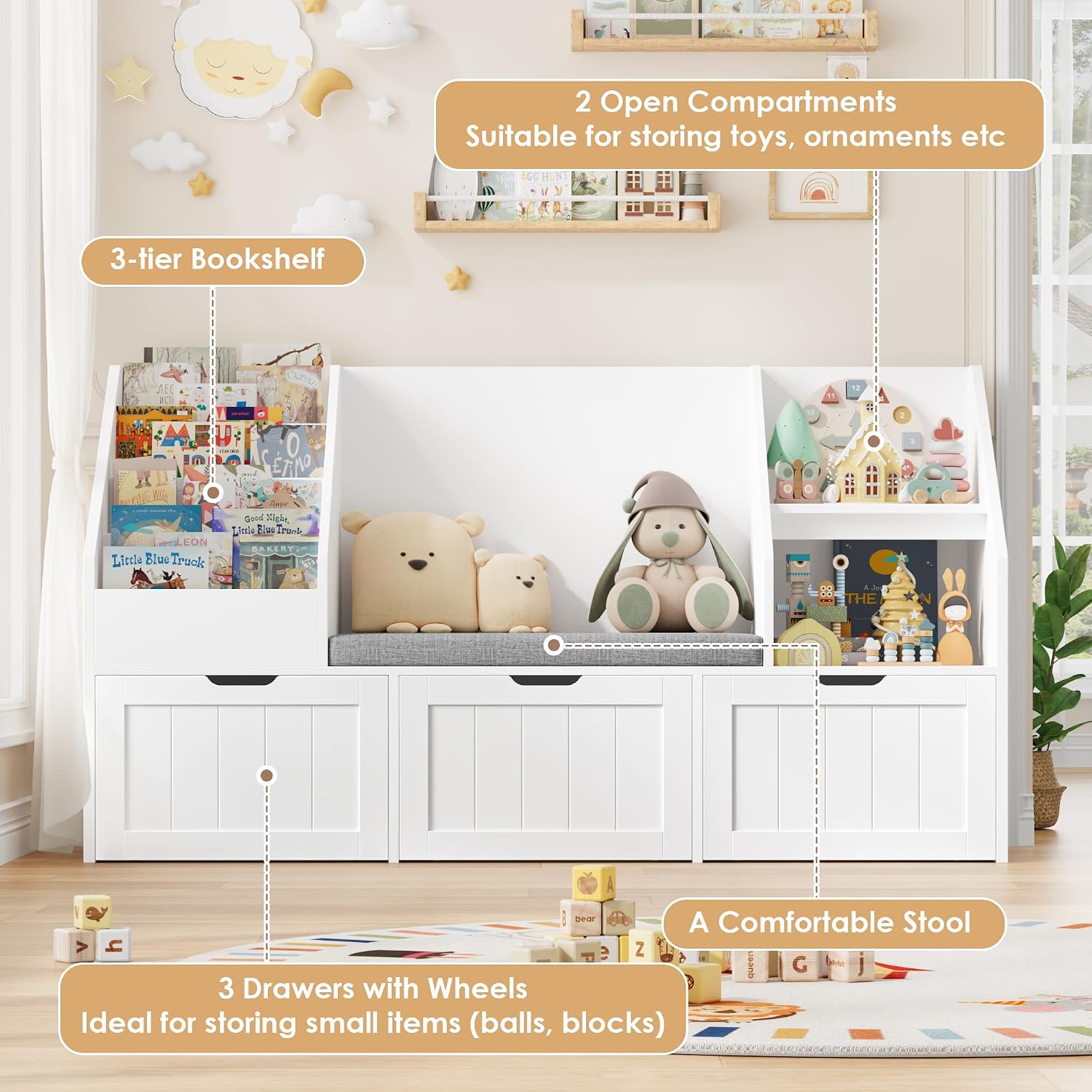 Detalle 1 de FOREHILL P671 Kids’ Storage Unit, 140cm Bookcase, Bench and 3 Wheeled Drawers
