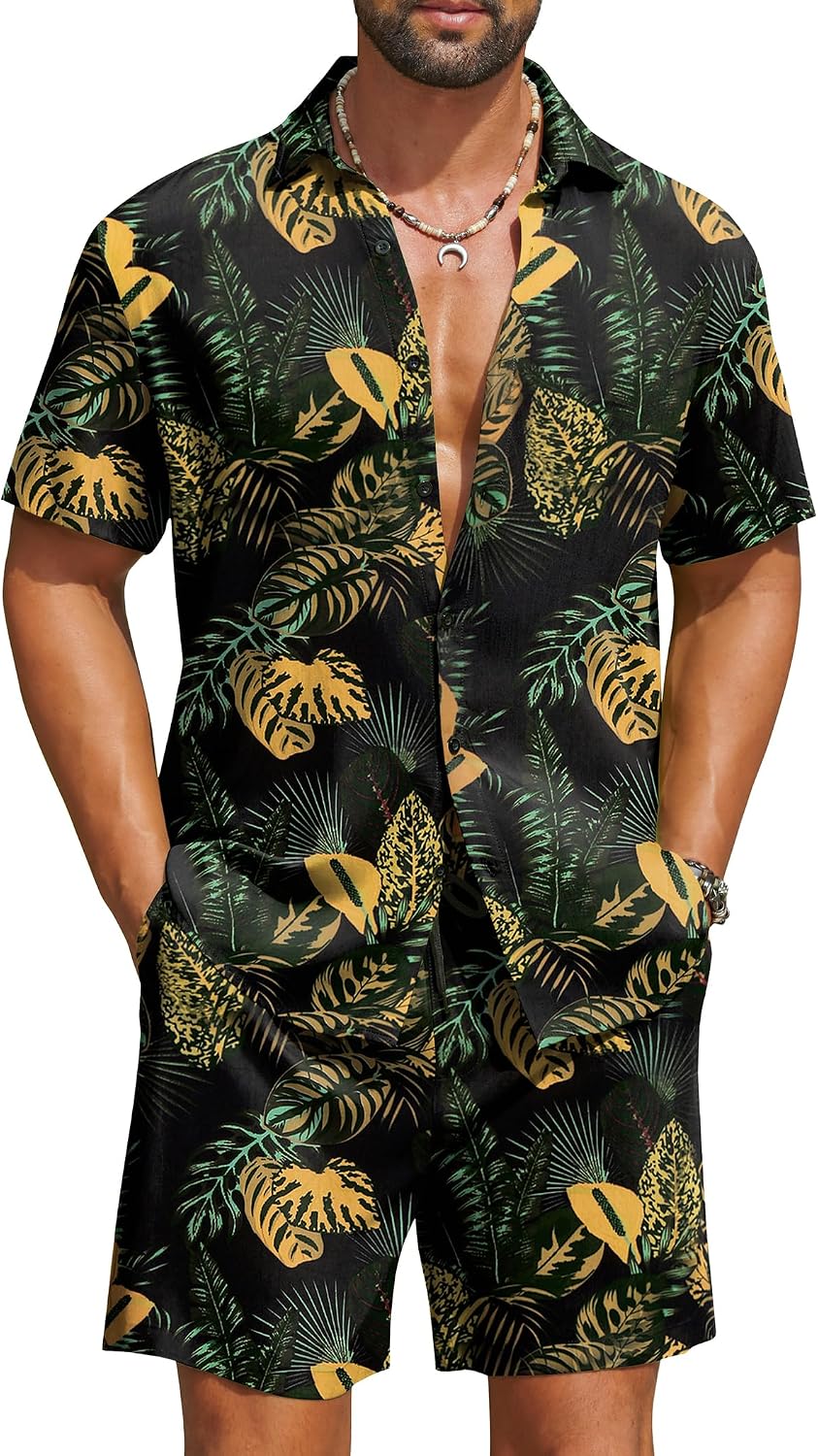Detalle de COOFANDY Men's Hawaiian Matching Set — 2-Piece Summer Beach Outfit