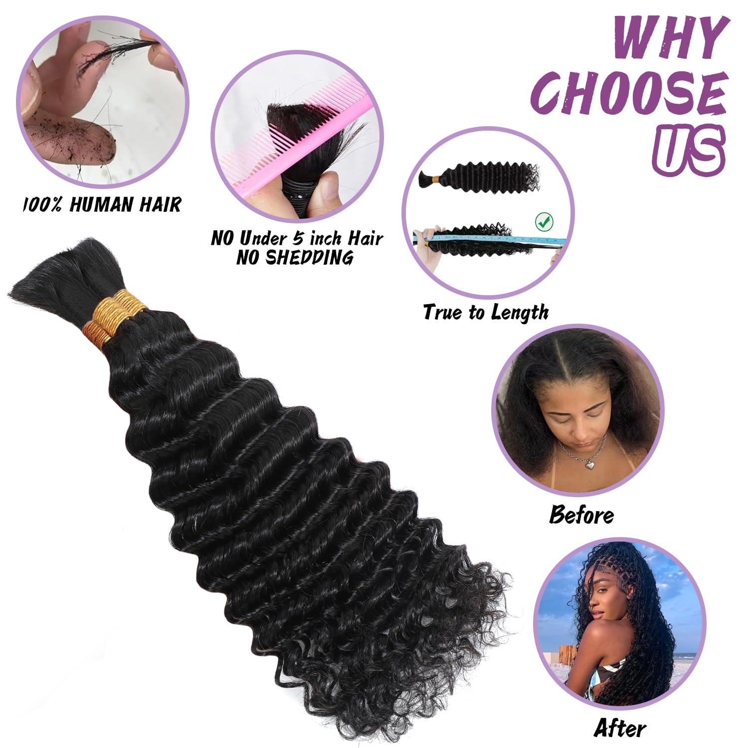 Detalle 2 de Afihond Human Braiding Hair for Boho Braids (Deep Water Wave), 120g Bulk Human Hair, No Weft, 3 Bundles, 18 Inch