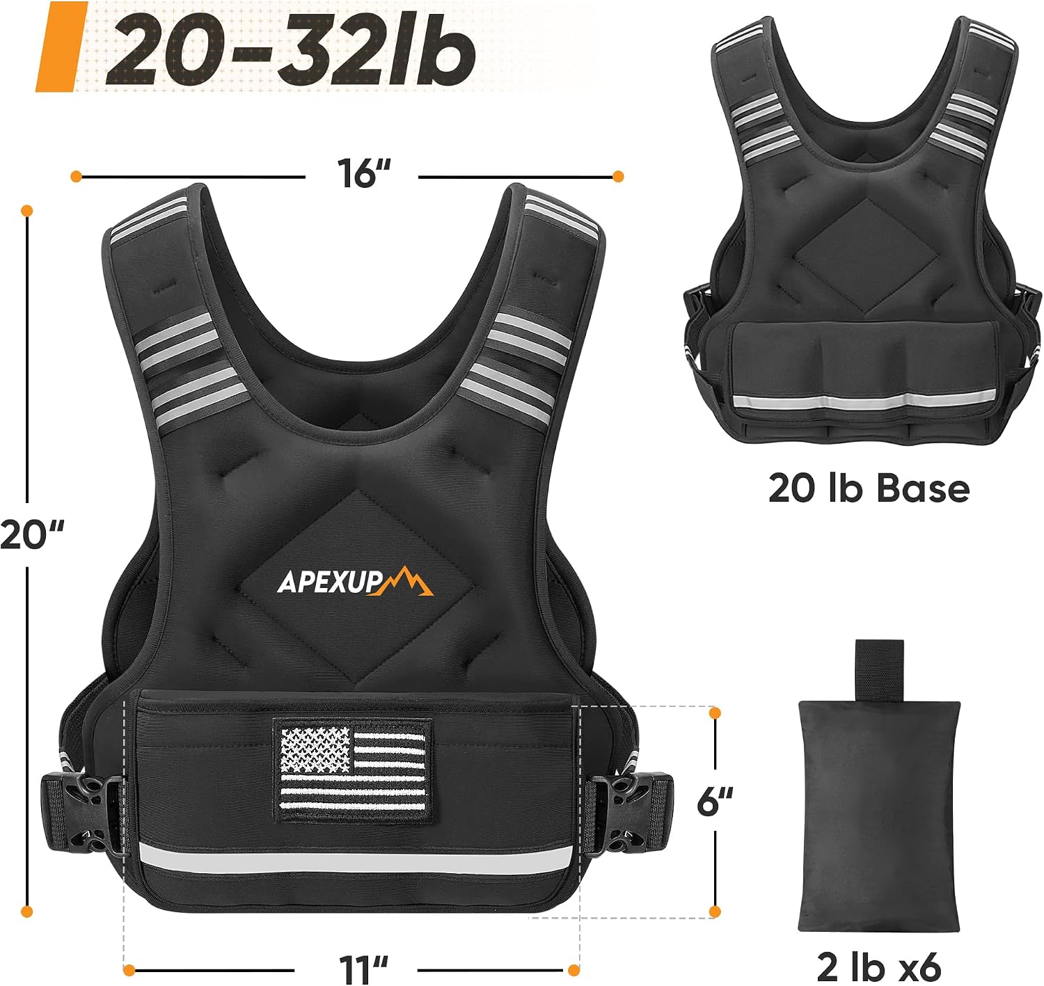 Detalle de APEXUP Adjustable Weighted Vest (4-10lb / 12-18lb / 20-32lb) with 6 Iron Sand Weights & Large Pocket