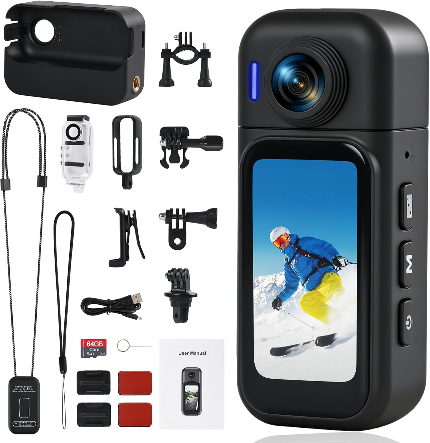 Detalle de Hiwoor Action Cam Mit Touchscreen – 8-Stunden-Akku, wasserdicht bis 30 m, 64 GB & umfangreiches Zubehör