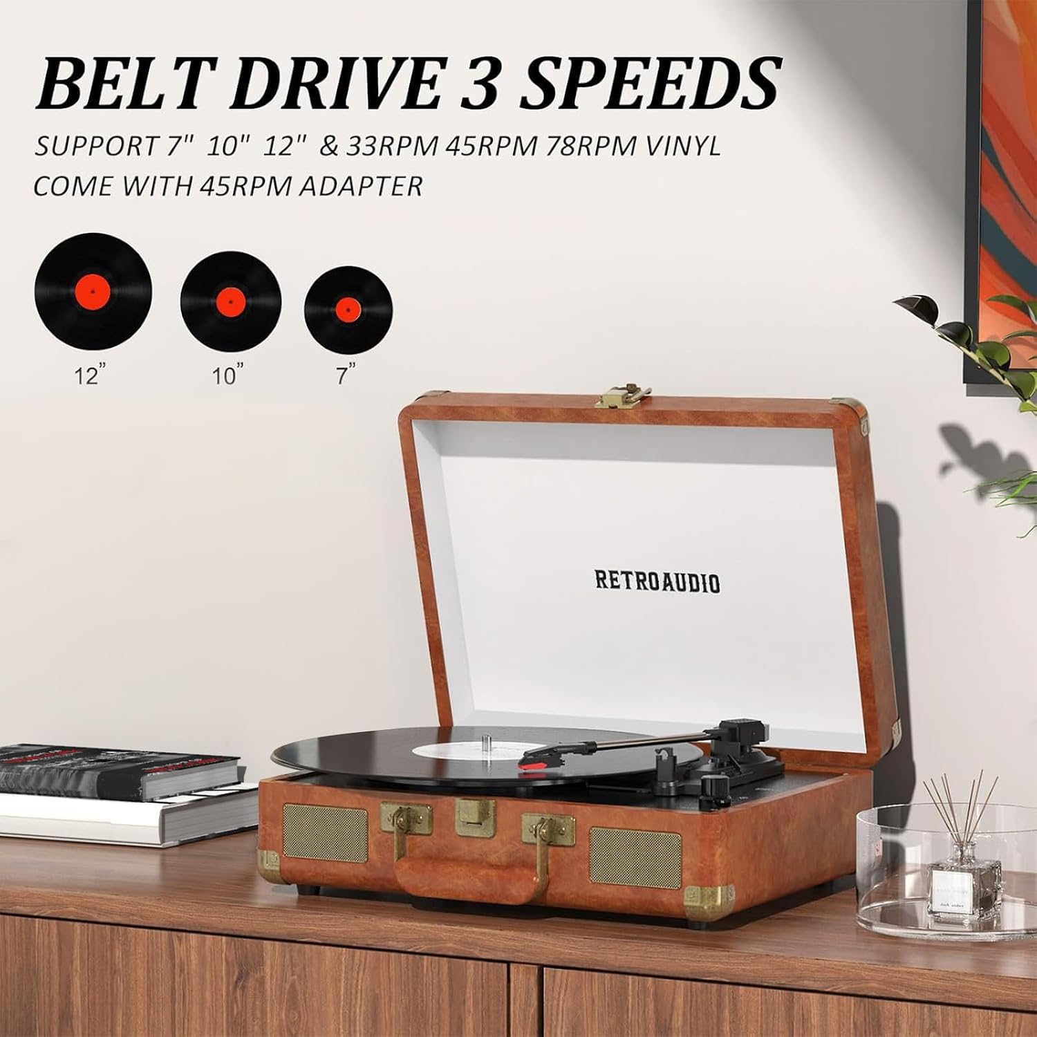 Detalle de RetroAudio JM-101 3-Speed Suitcase Record Player with Bluetooth, Brown