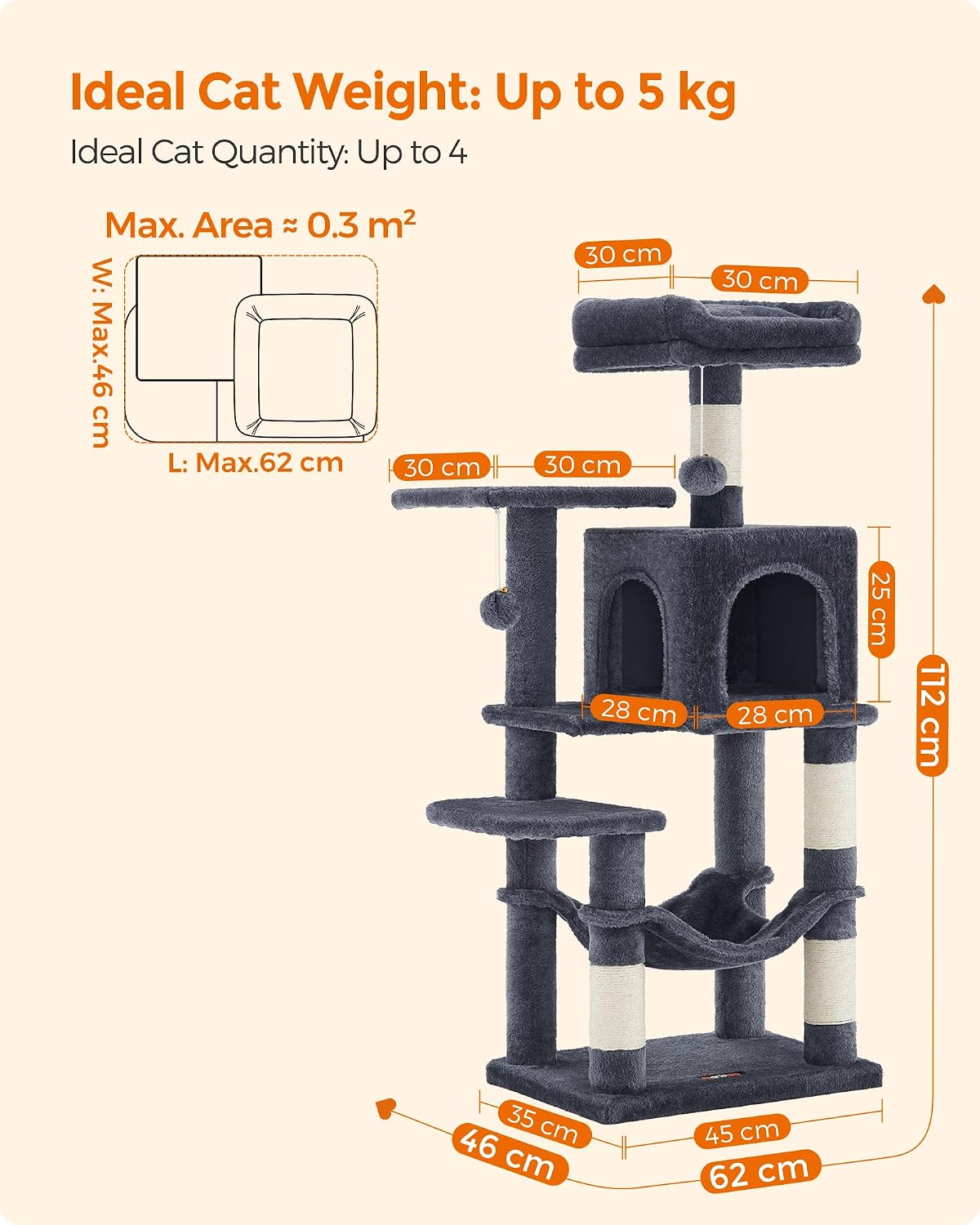 Thumbnail 6 de FEANDREA Clawfy Collection PCT261G01 Cat Tree, 112 cm, 4 Sisal Posts