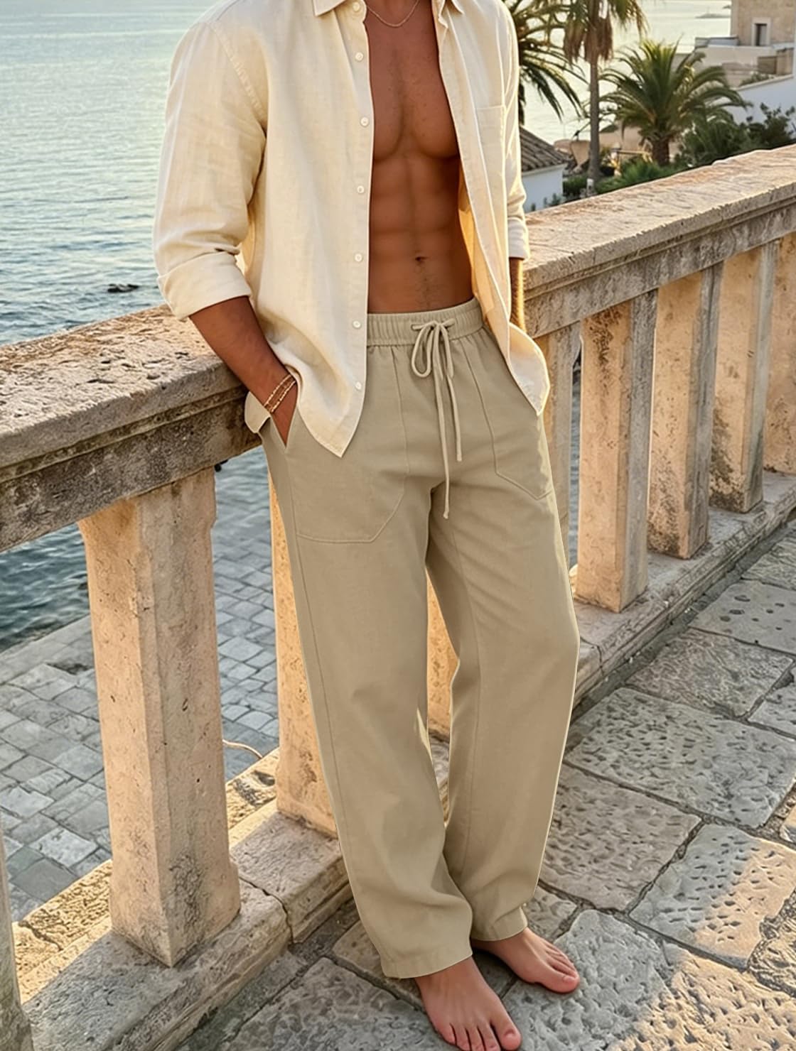 Detalle de Puimentiua Cotton Linen Pants for Men – Casual Loose Fit with Drawstring Waist