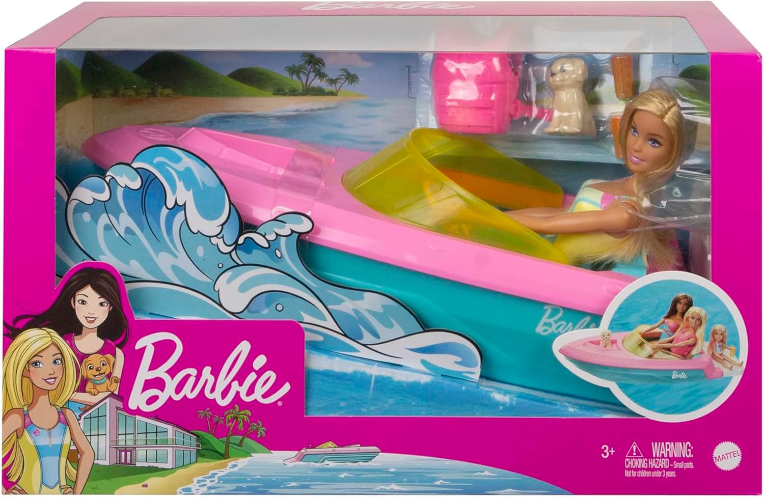 Thumbnail 5 de Barbie Speedboat Set (GRG30): Barbie-Puppe mit Rettungsweste, Boot und Welpe für Kinder ab 3 Jahren