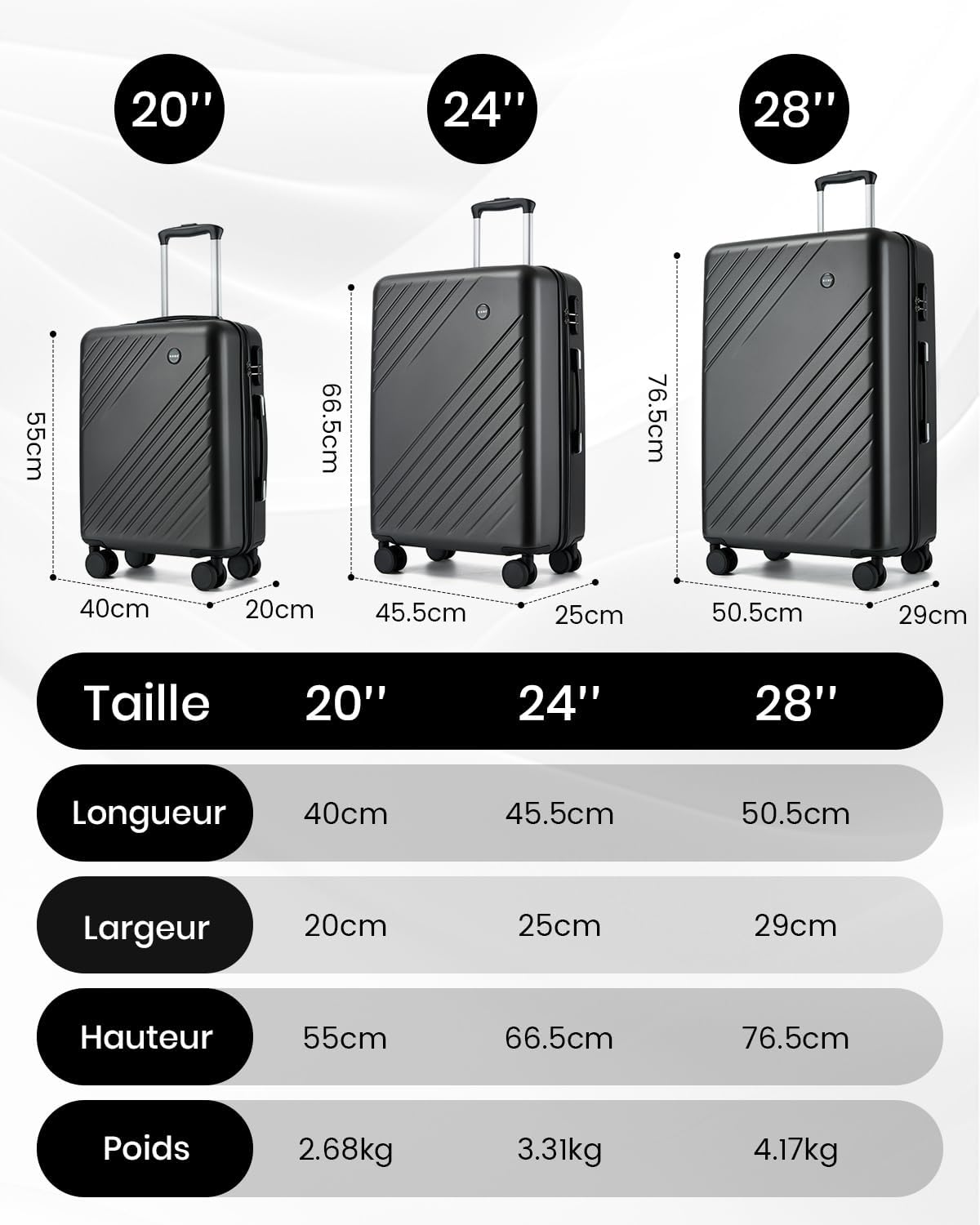 Detalle de Kono Valise Soute 61L ABS+PC – Moyenne taille, légèreté et résistance with 360° roues silencieuses