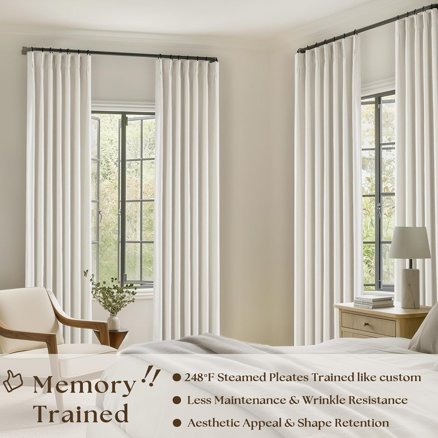 Thumbnail 1 de 90 Inch Pinch Pleated Linen Blackout Curtains 100% Blackout