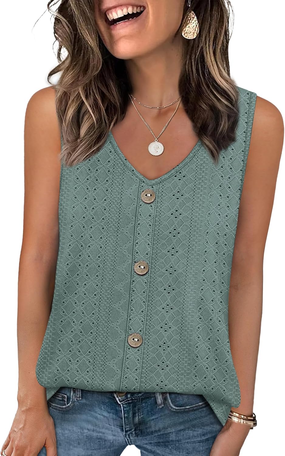 Detalle de WIHOLL Women's Eyelet V-Neck Tank Top - Loose, Casual, Summer