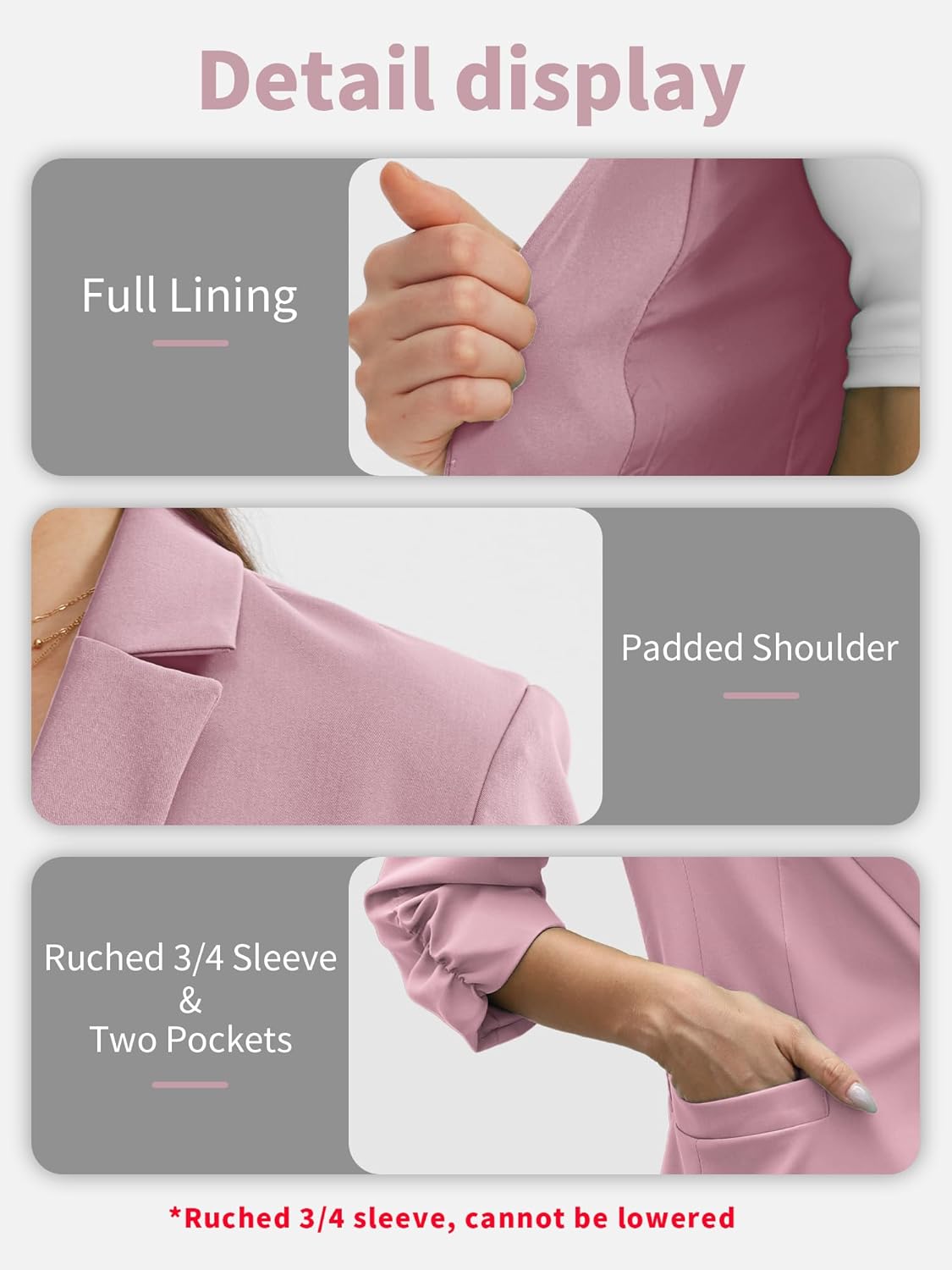 Thumbnail 4 de ELLEVEN Women's Ruched 3/4 Sleeve Blazer: Lightweight Slim Fit for Business Casual