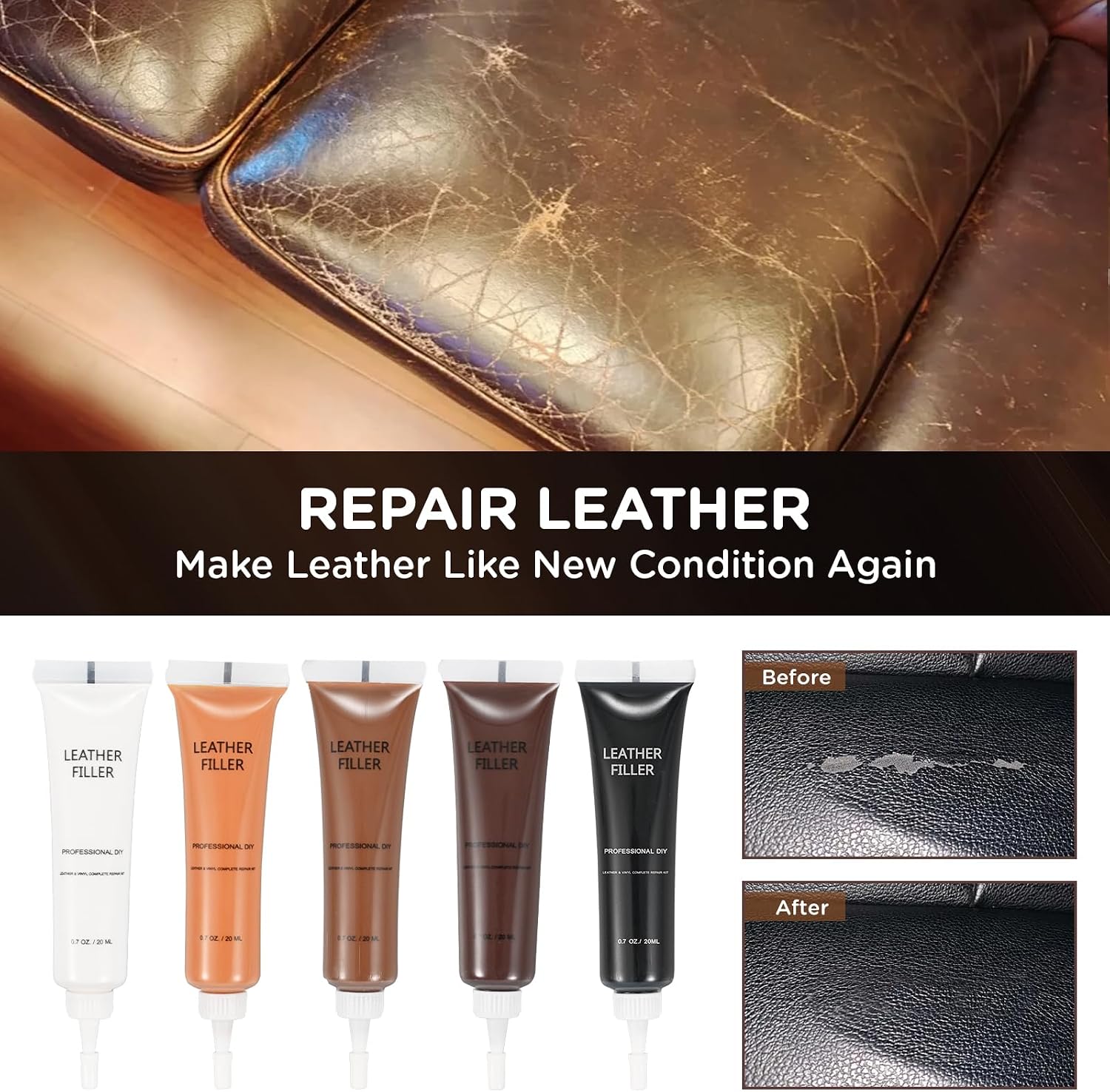 Detalle 2 de BUDOCI Leder Reparatur Set mit 5 Farben (flüssig) – Schwarz & Braun Mix für Kratzer und Risse an Leder/Kunstleder/Vinyl