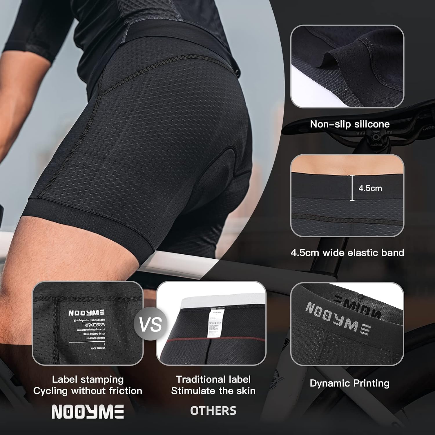 Detalle 2 de NOOYME Herren Radunterhose mit Sitzpolster 4D – schnelltrocknende, atmungsaktive Radlerhose