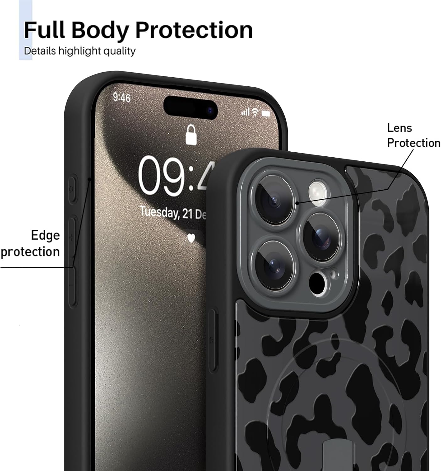 Detalle 2 de Ufbara Mag15PM-LeoBla iPhone 15 Pro Max Case with Leopard Print and Kickstand