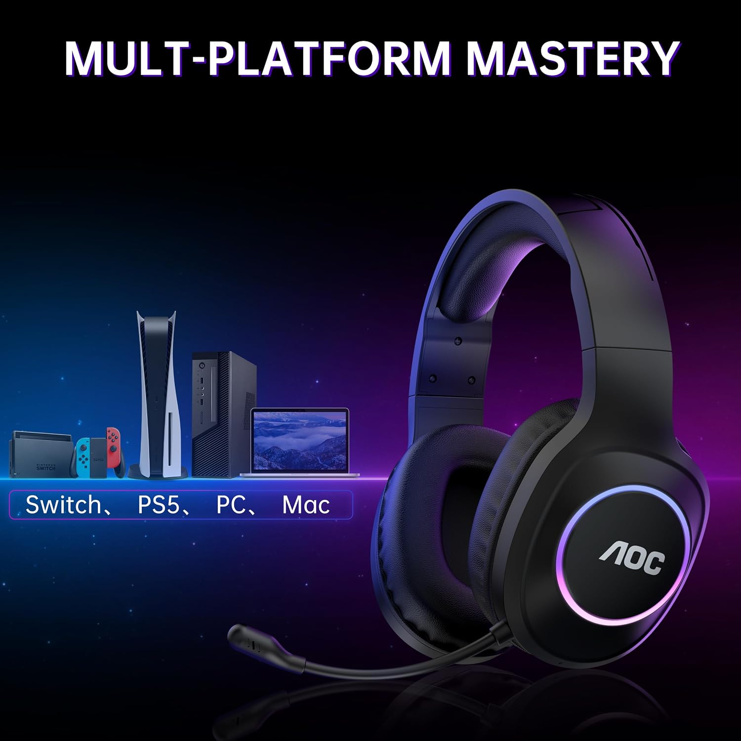Thumbnail 6 de AOC Wireless Gaming Headset for PC, PS5/4, Switch – 239g, 45H Battery, 7.1 Surround