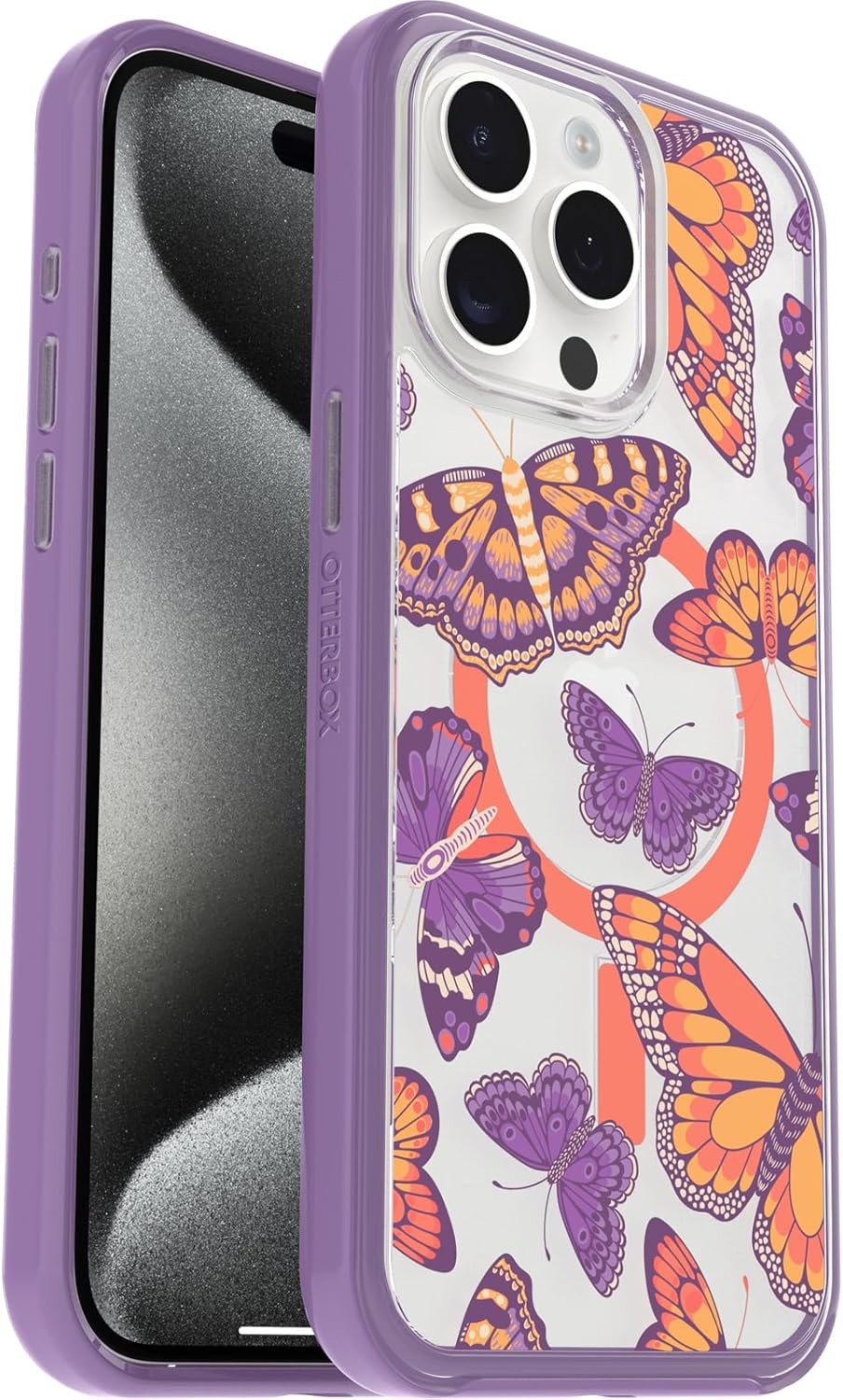 Detalle de OtterBox Symmetry Clear MagSafe per iPhone 15 Pro Max: protezione sottile e affidabile