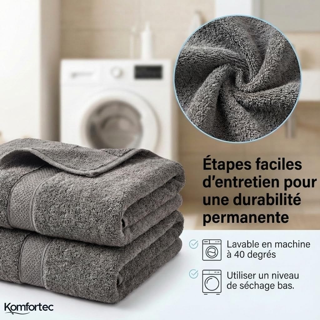 Thumbnail 3 de Komfortec Ensemble de Serviettes 8 Pièces – 4 serviettes de bain 70x140 cm et 4 essuie-mains 50x100 cm en coton 100% | Gris anthracite/beige