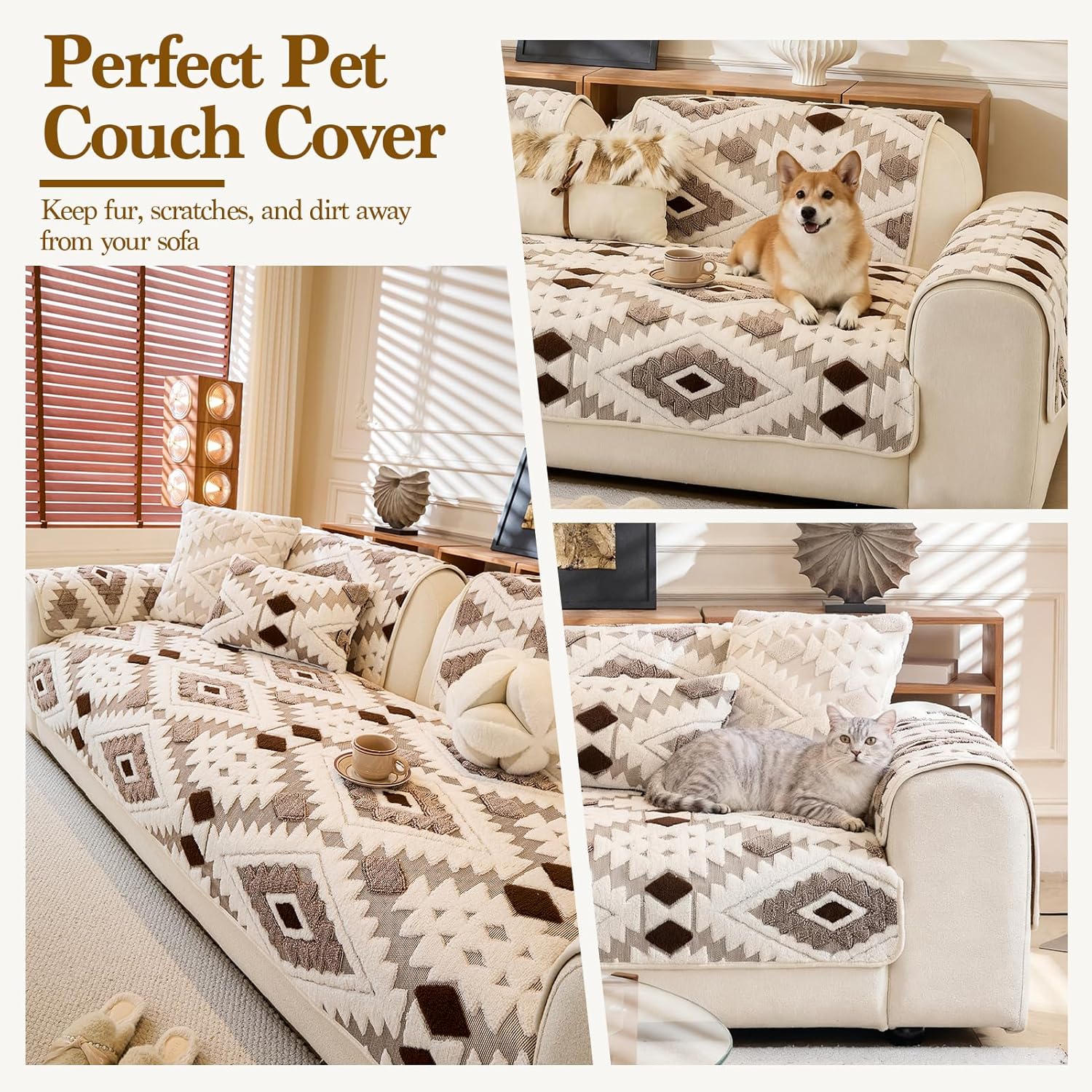 Detalle de WEYOND Boho Sofa Cover for Dogs (90 x 160 cm) – Soft Plush Non-Slip Couch Protector in Coffee