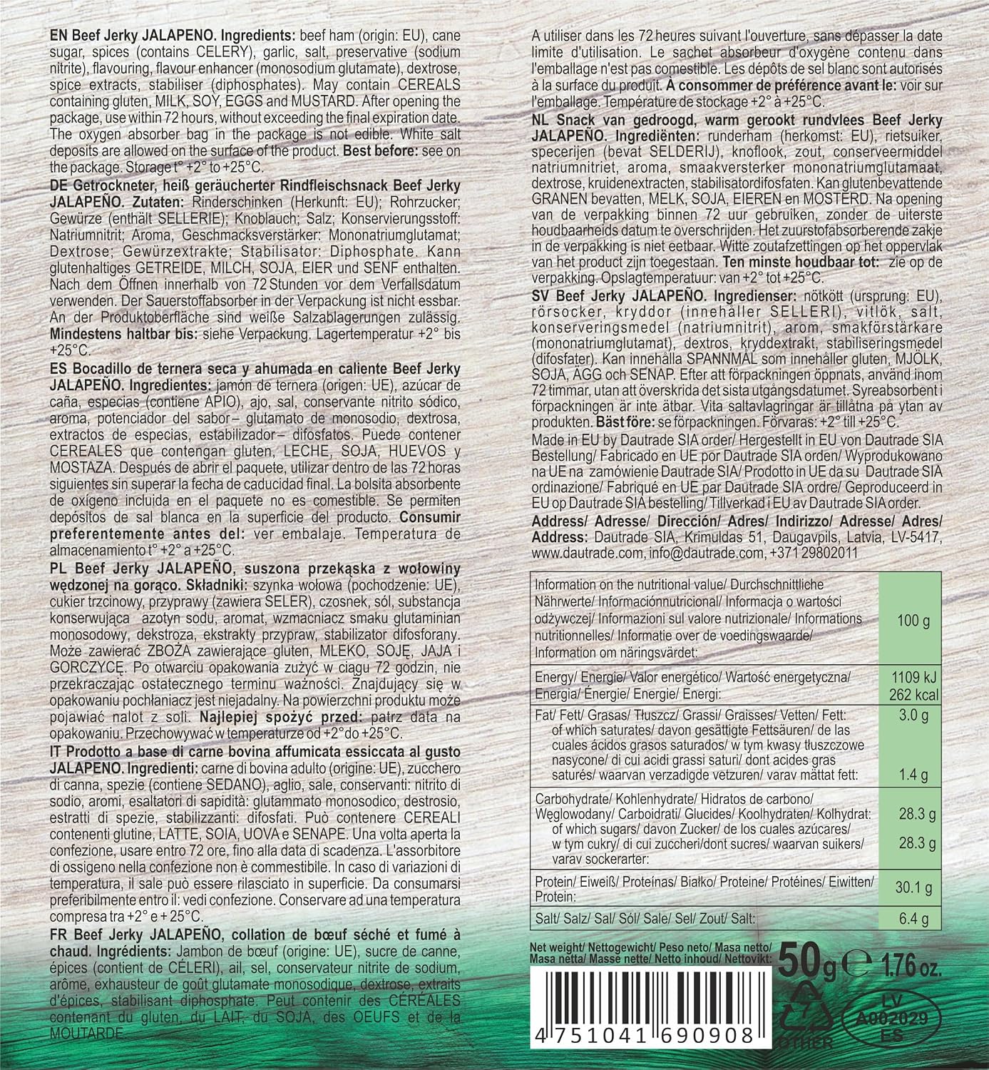 Detalle de Viking Bites Beef Jerky Jalapeno (400 g, 8 x 50 g) – getrocknetes Rindfleisch mit hohem Proteingehalt