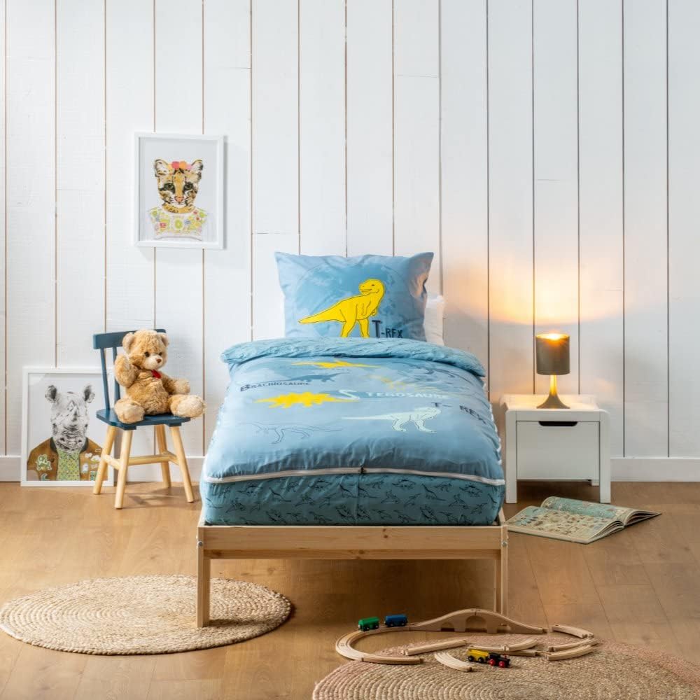 Detalle de Caradou Parure de lit enfant T-Rex 3 pièces sans couette 90x190 cm en coton (bleu vert)