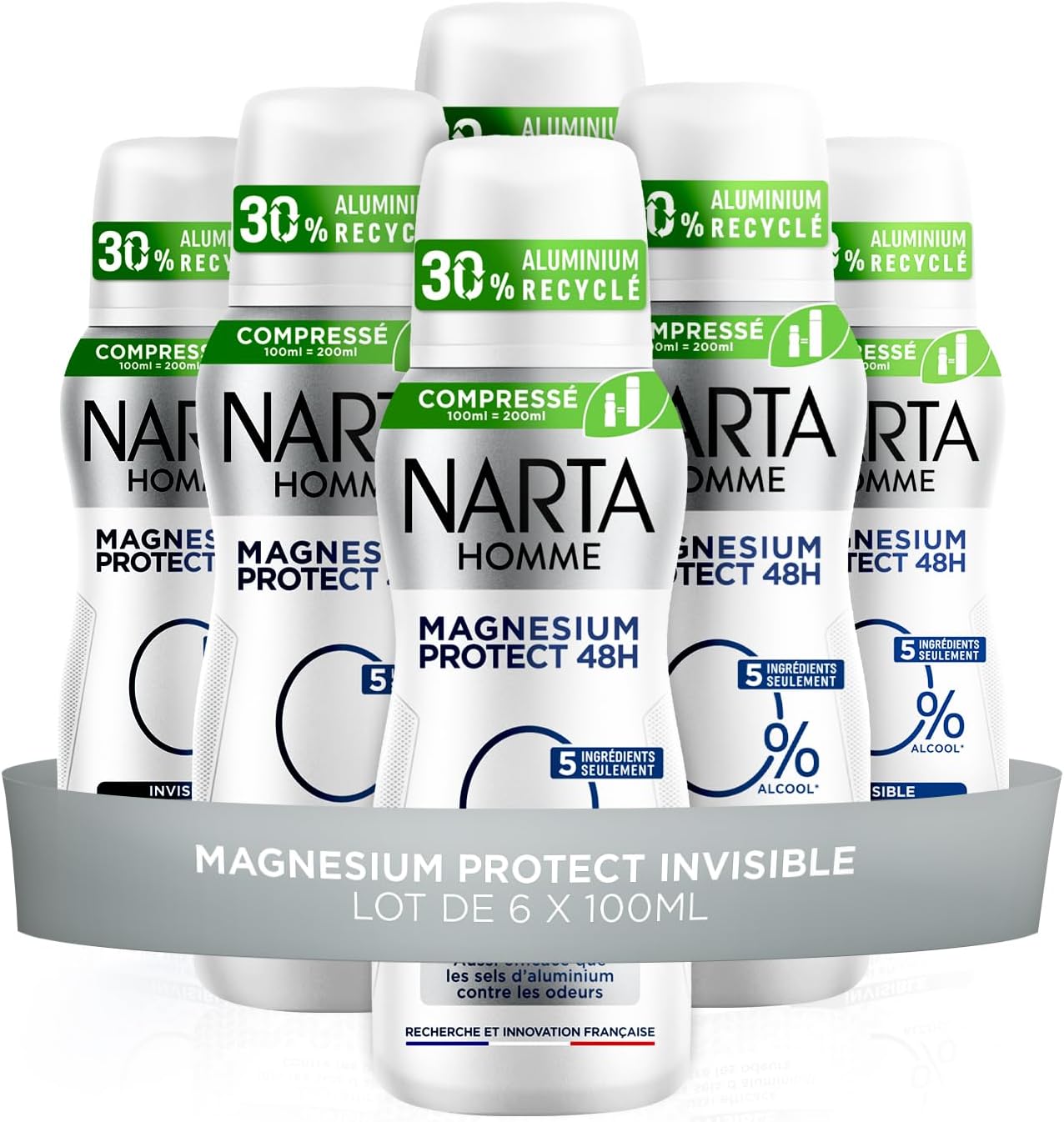 Narta Magnesium Protect Homme Déodorant Spray compressé invisible – lot de 6 x 100 ml