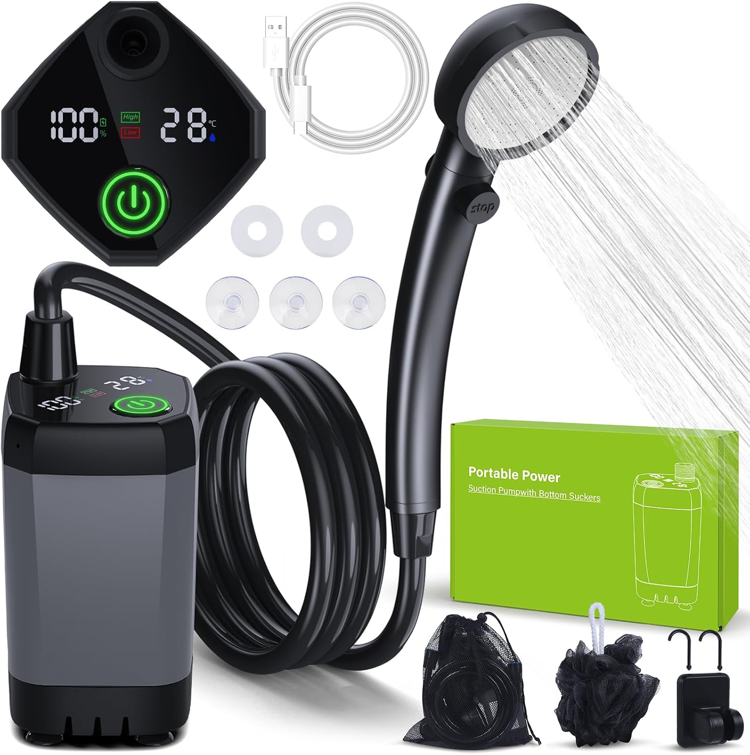 Detalle de Ducha Portátil Spopal Camping con Pantalla de Energía y 6000 mAh: agua limpia, flujo regulable y batería para baños al aire libre