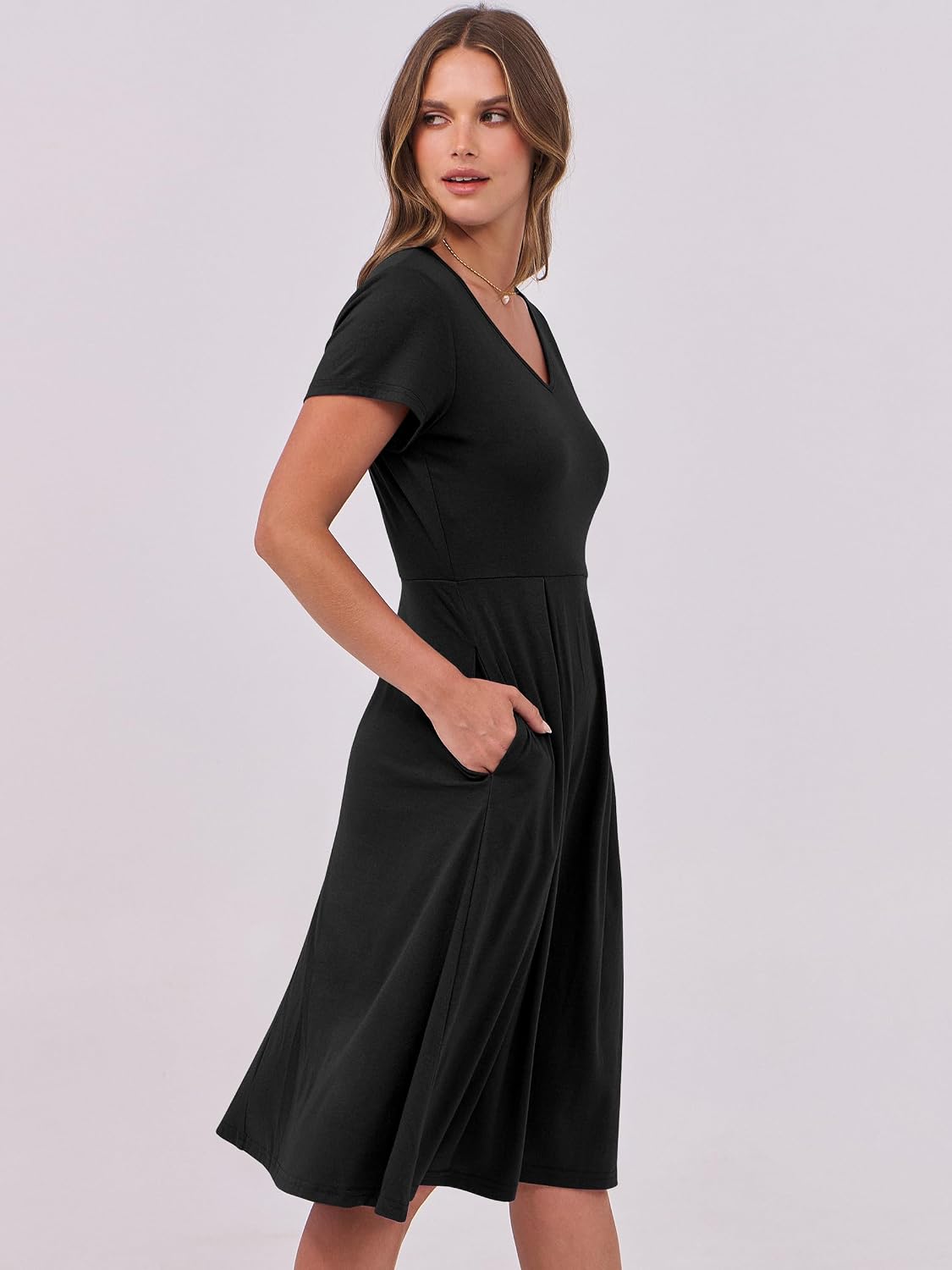 Detalle de ANRABESS Women Summer Dress: V-Neck Midi with Pockets, Pleated A-Line Comfort