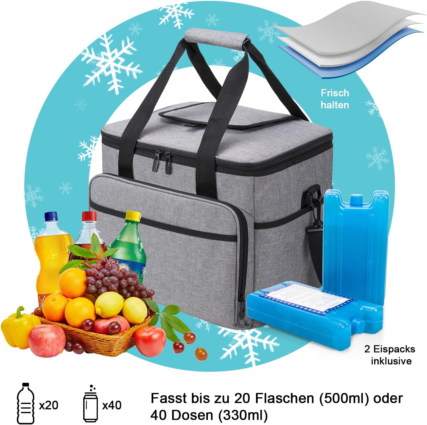 Detalle de ALLCAMP OUTDOOR GEAR 30L faltbare Kühltasche (isoliert, auslaufsicher) mit 2 Kühlakkus, grau