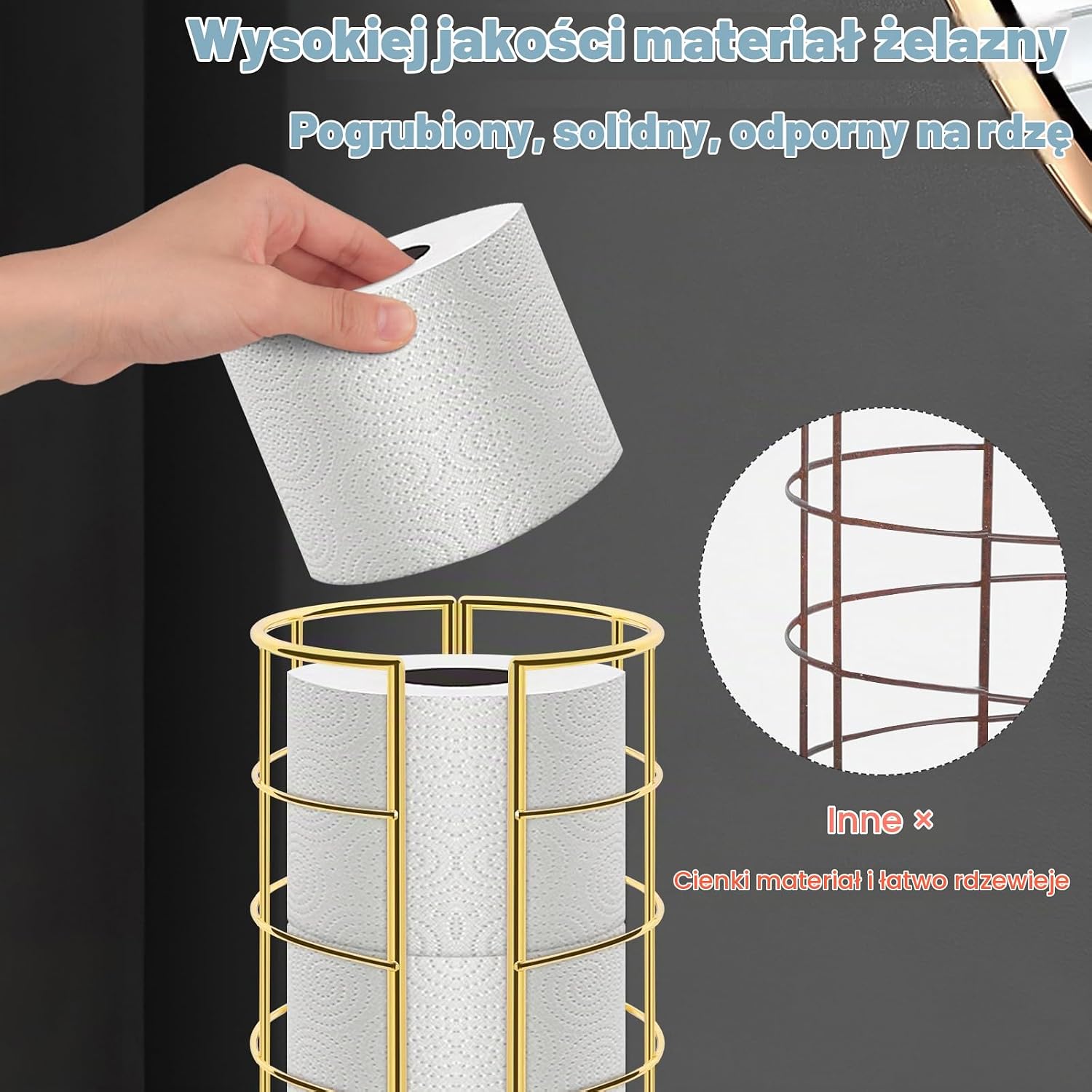 Detalle 2 de NearMoon stojak na papier toaletowy na 3 rolki, wolnostojący, złoty
