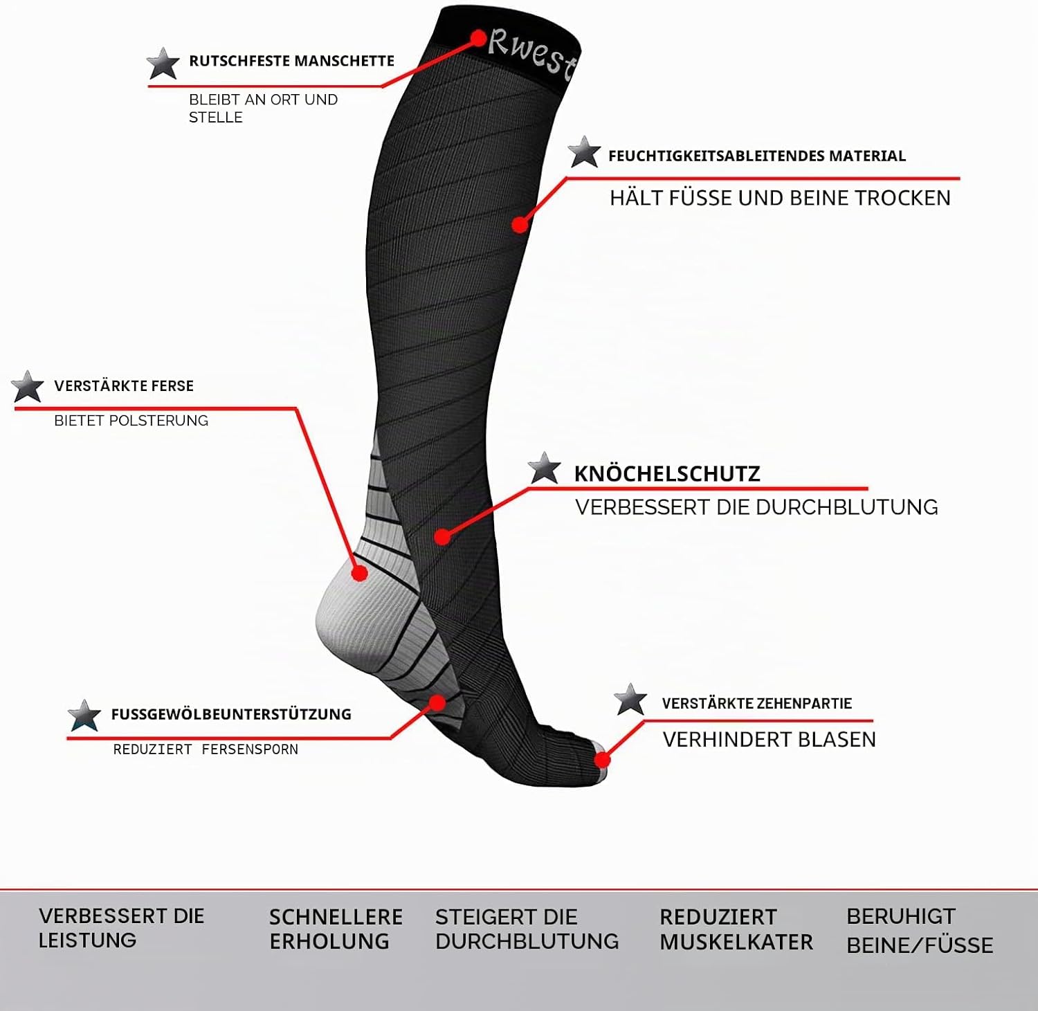 Detalle de Rwest X Kompressionsstrümpfe – Uni-Socken für Sport, Reise und Alltag
