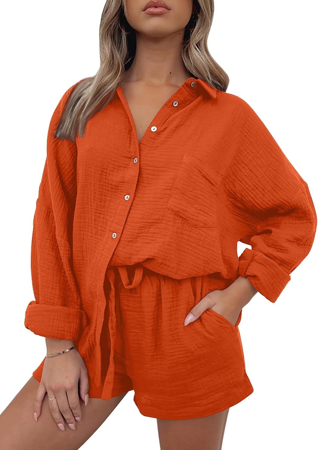 Thumbnail 6 de AUTOMET 2-Piece Women’s Lounge Set: Oversized Cotton Pajama Top and Shorts for Everyday Comfort