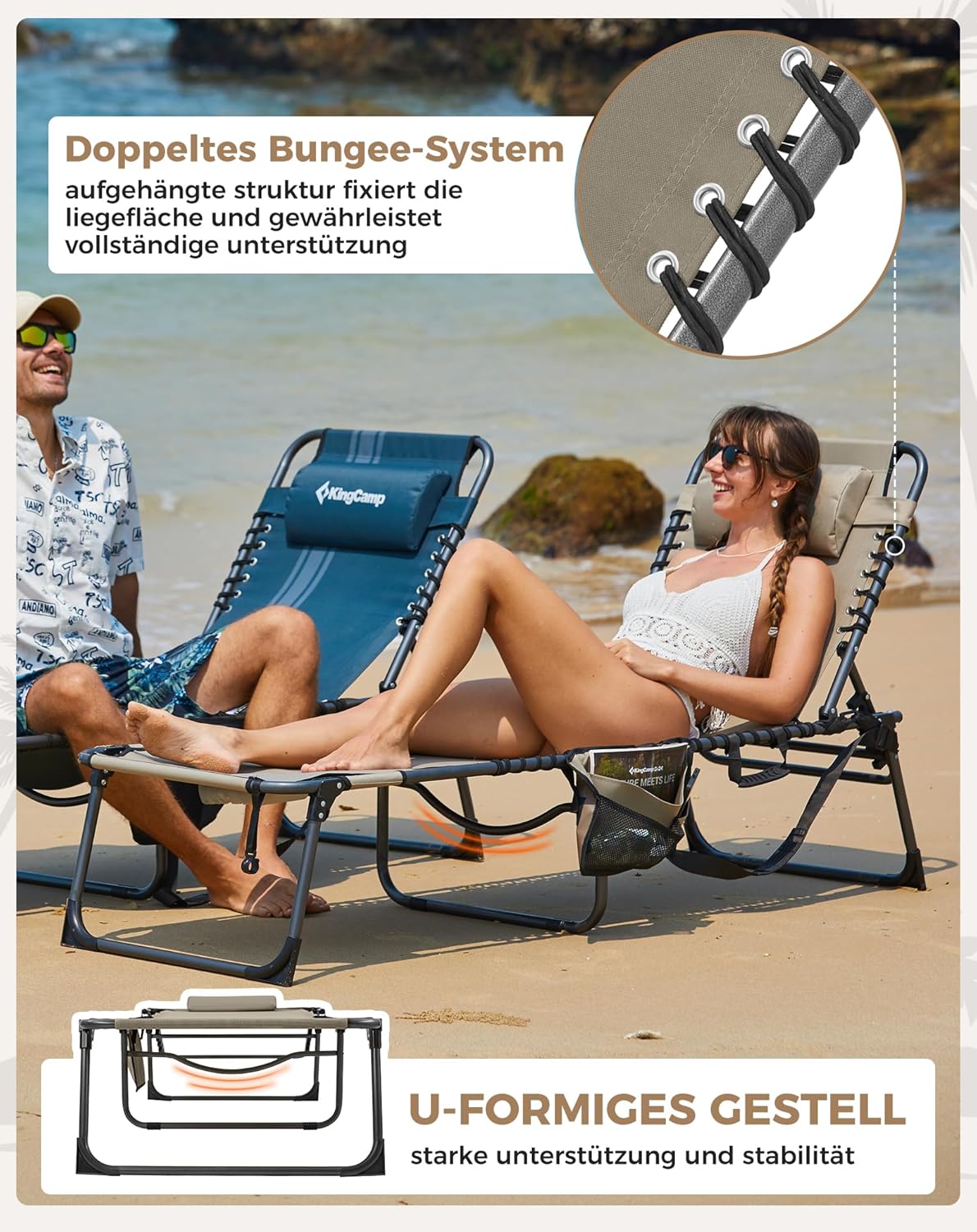 Detalle de KingCamp Sonnenliege Klappbar: 5‑Positionen, robustes Strand- und Gartenbett mit Kopfkissen