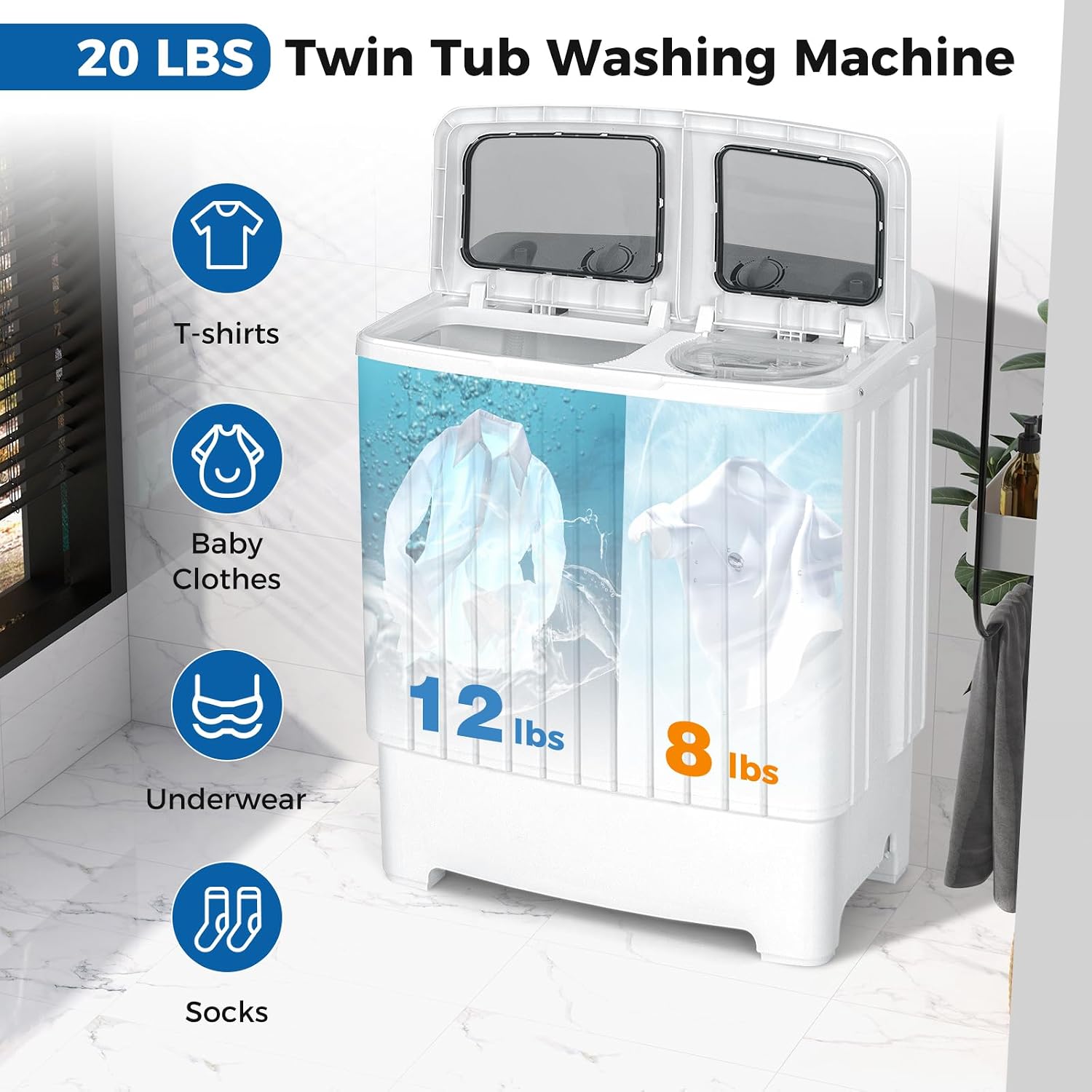 Detalle de COSTWAY 24961-CYPE Portable Twin-Tub Washer, 20 lb Capacity, Timer Controls