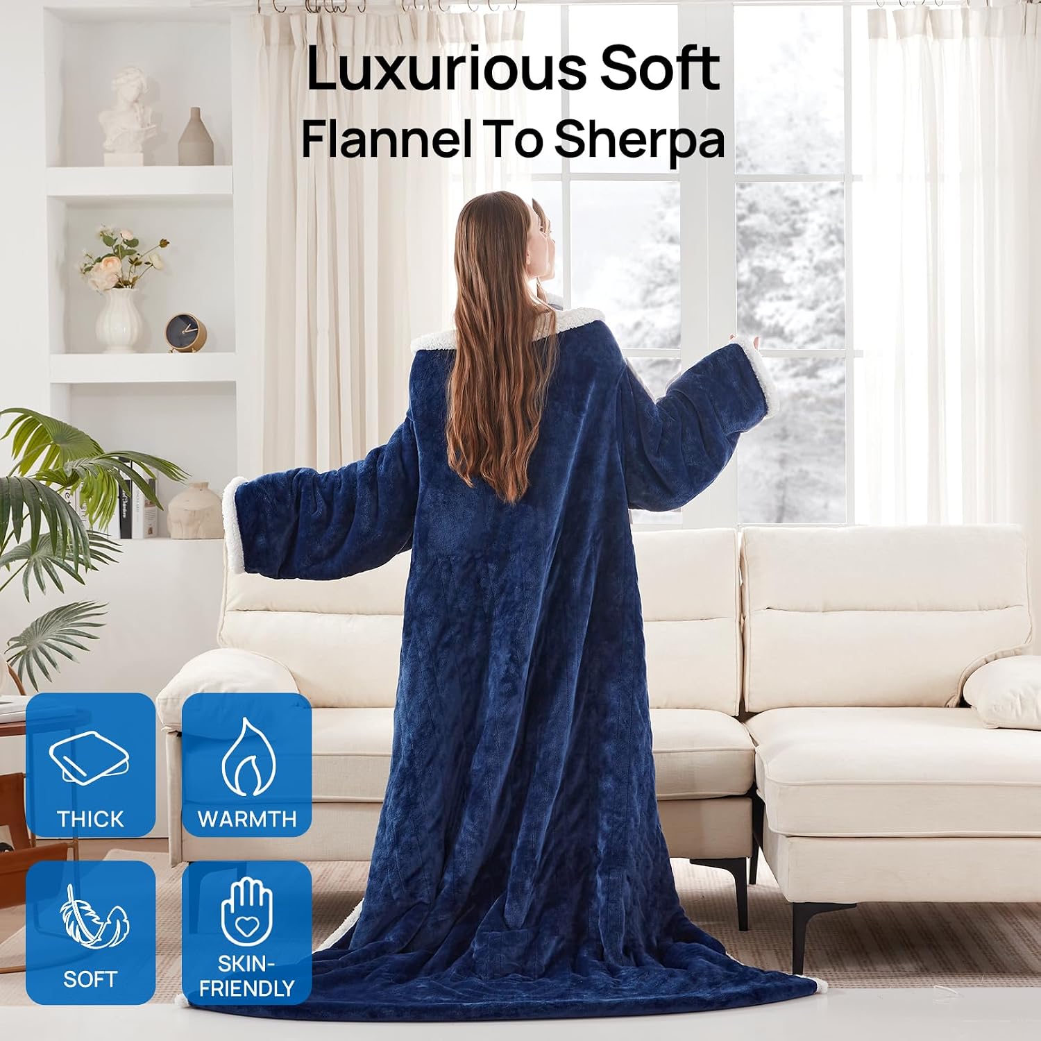 Detalle 2 de Westinghouse Wearable Heated Blanket, Navy Sherpa Throw with Sleeves and Foot Pocket