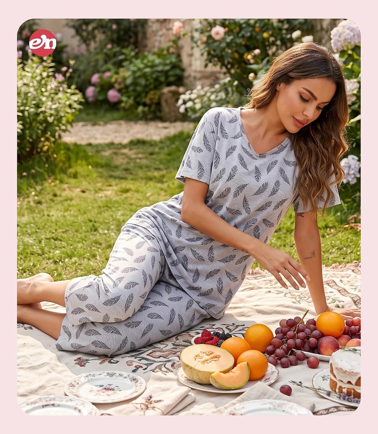 Detalle 1 de ENJOYNIGHT Women's Cotton Pyjama Set, V-Neck Top and Capri Pants