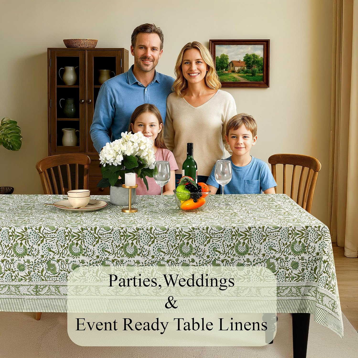Detalle de CPC Cotton Print Club Agate Green 60x60" Indian Block Print Square Tablecloth