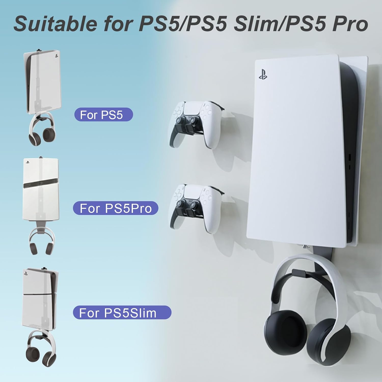 Thumbnail 4 de meiboshin PS5 Wall Mount Heavy-Duty Steel Kit with 2 Controller Holders & Headset Hook (Black)